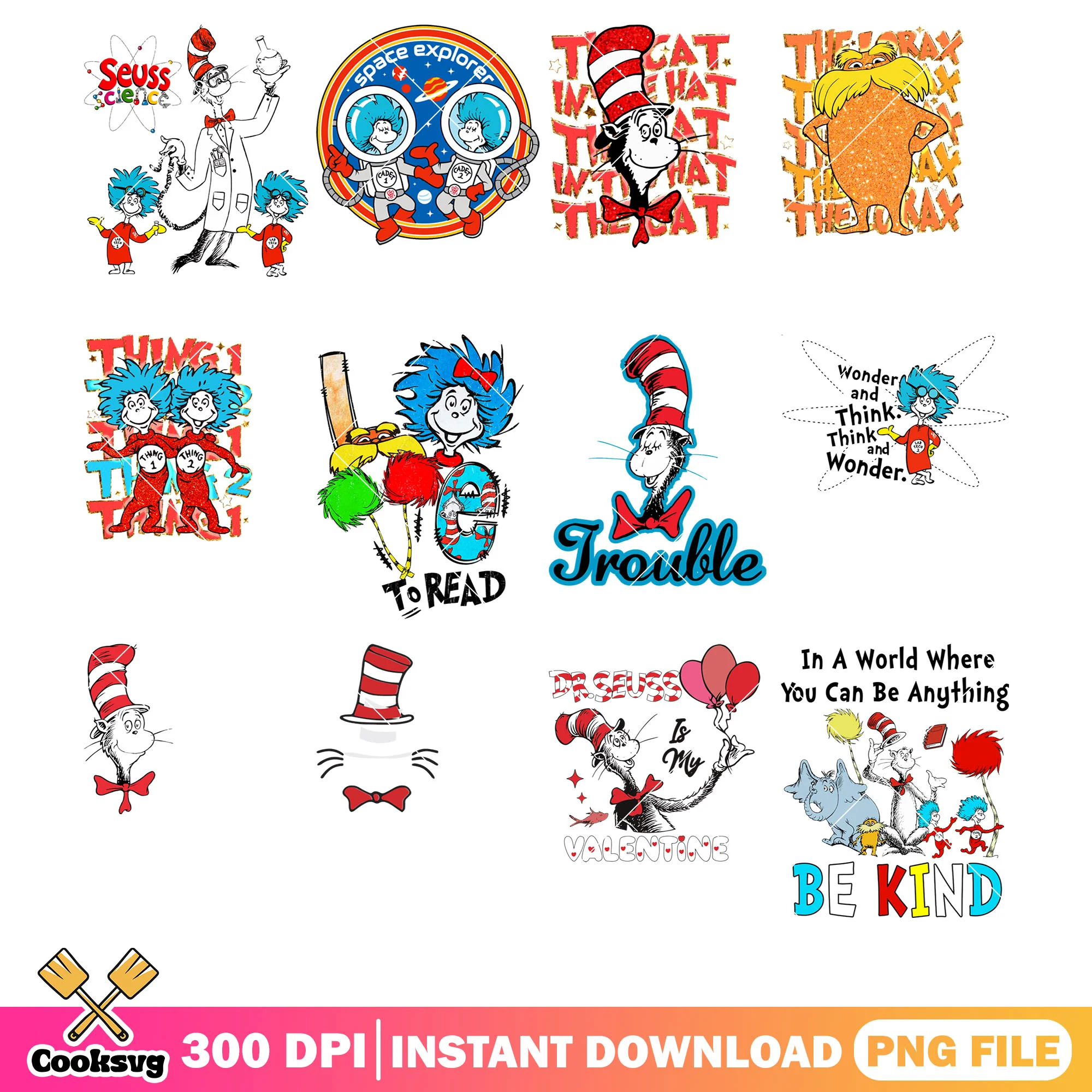 Dr seuss friends love to read png bundle, dr seuss read png