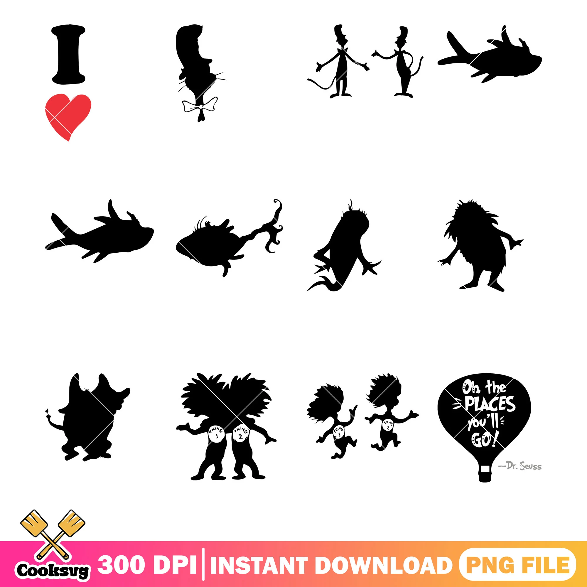Dr seuss friends silhouette png bundle, dr seuss silhouette png