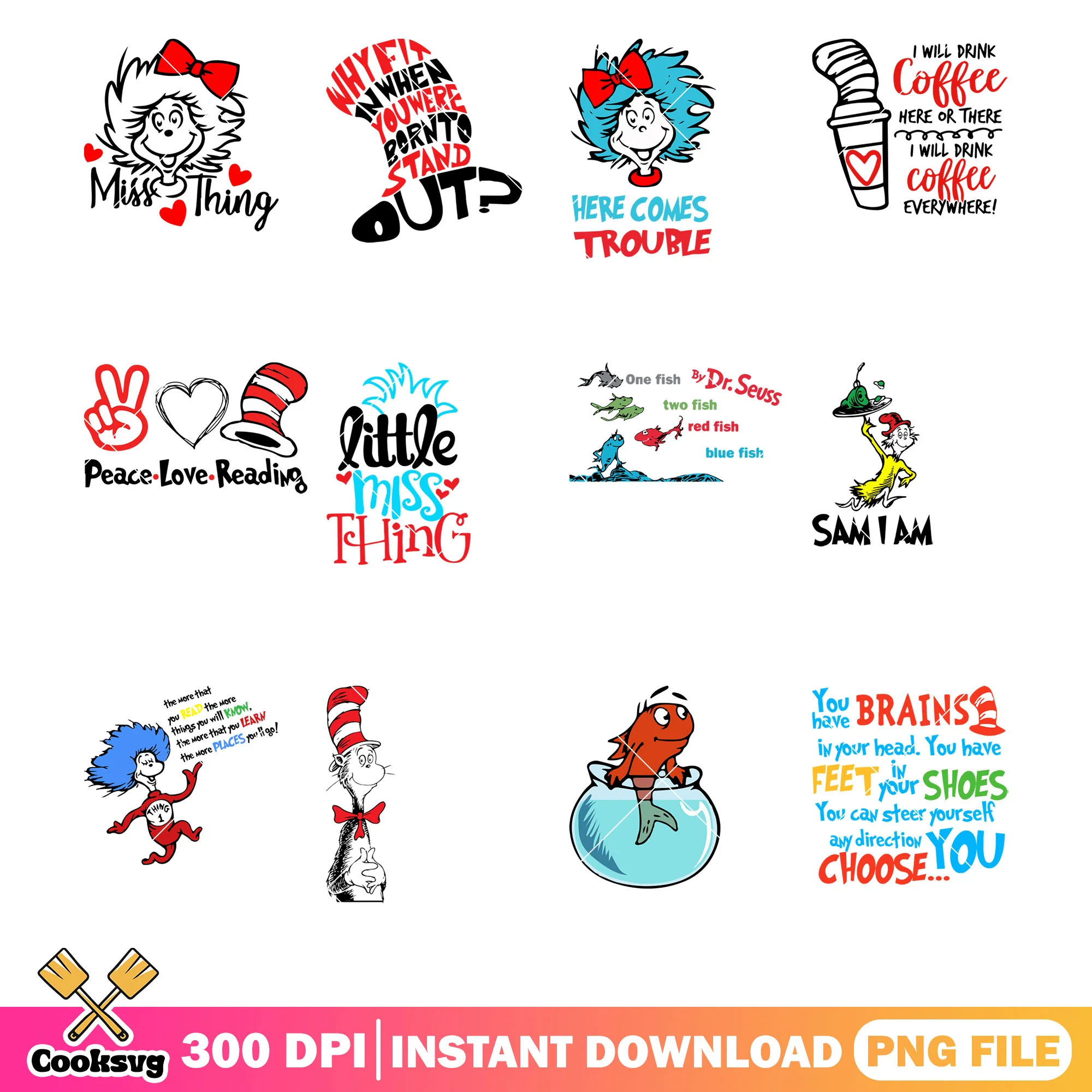 Dr seuss love reading png bundle, dr seuss read png, dr seuss png