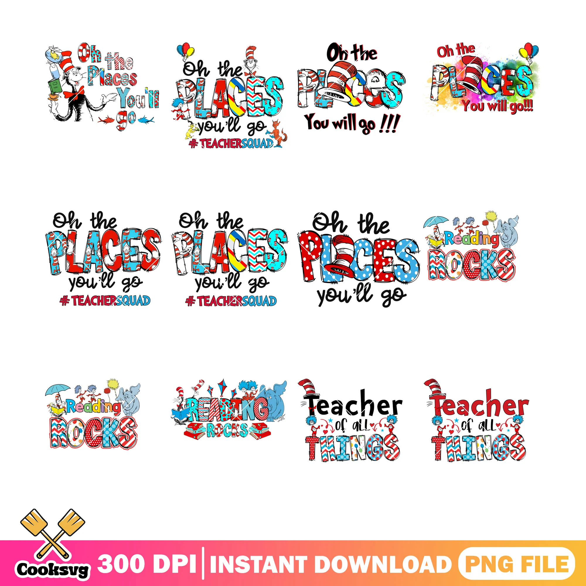 Dr seuss the places you will go png bundle, dr seuss quotes png