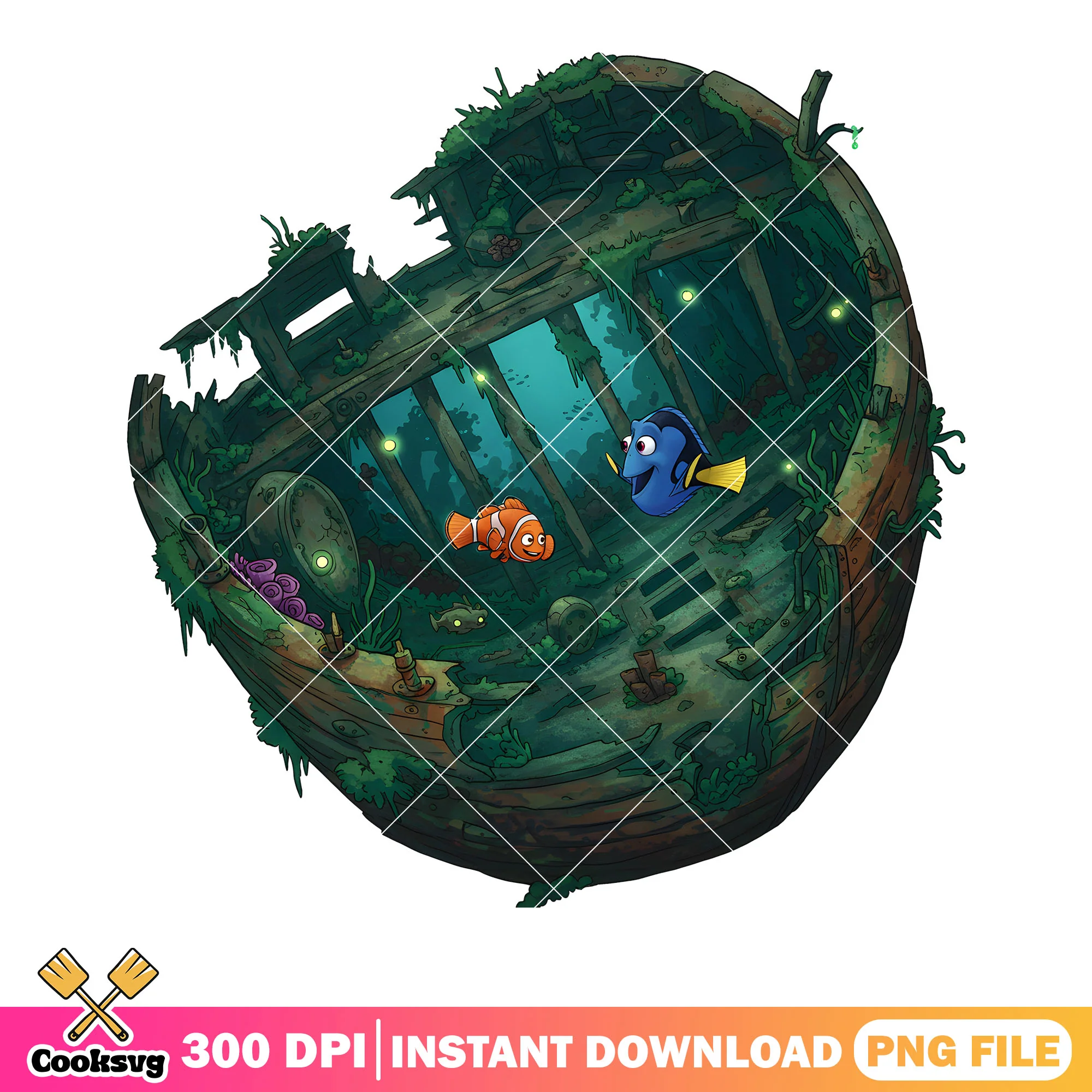Duo fish friends in a wreck png, marlin dory png, disney poster png