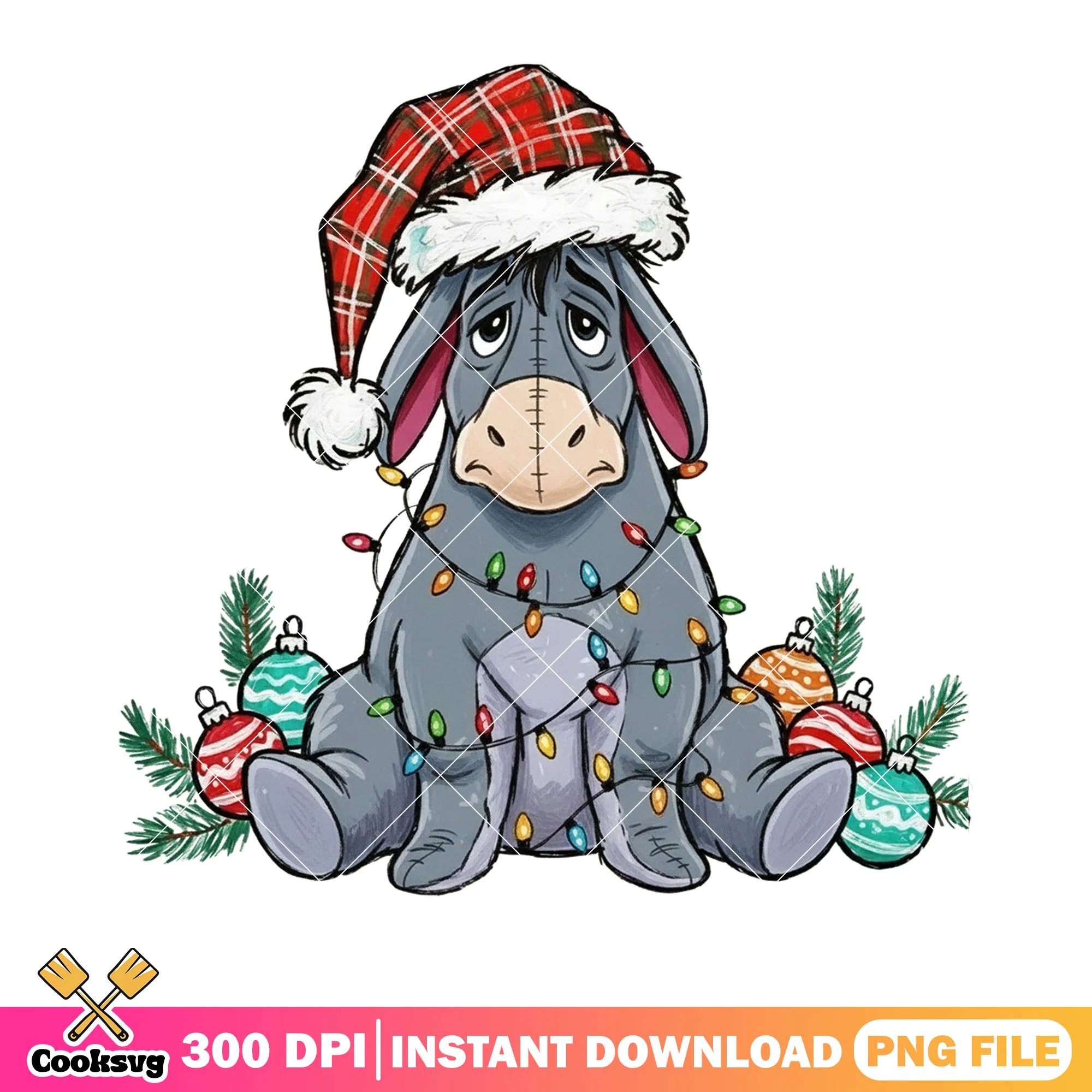 Eeyore decor christmas png, light bauble png, disney christmas png