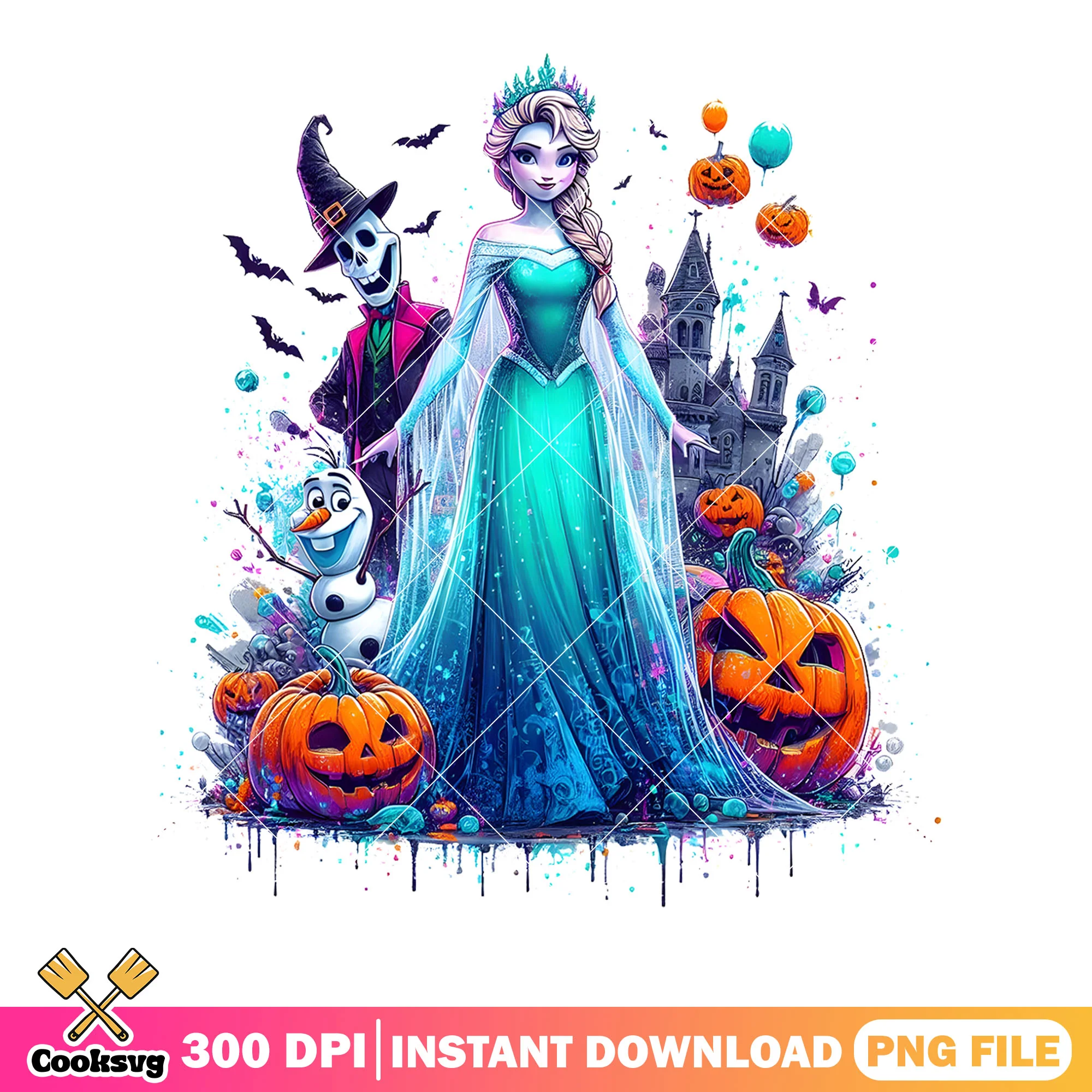Elsa and olaf halloween png, disney halloween png, spooky castle png