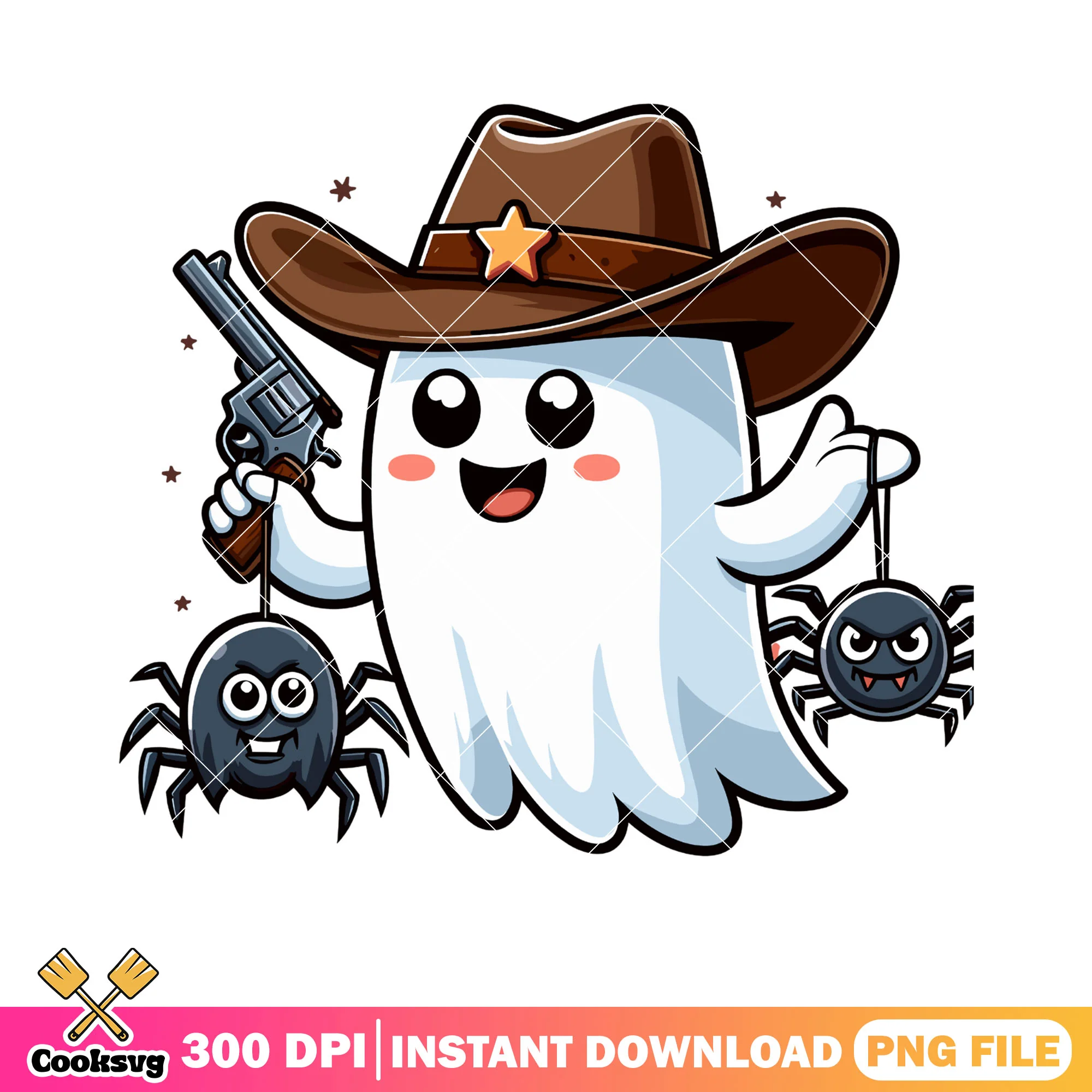 Excited ghost Hunt spider png, cowboy costume png, halloween scary png