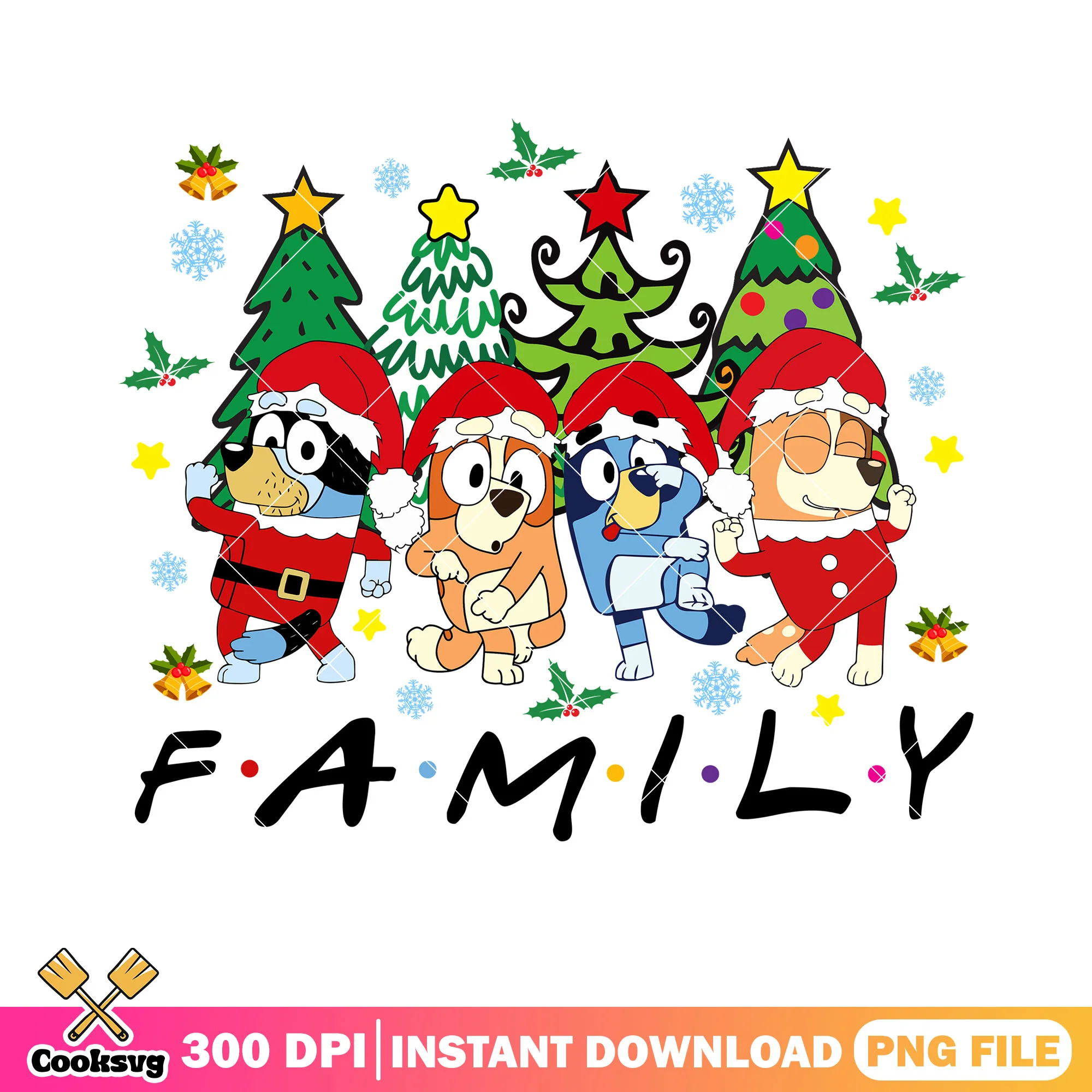 Family christmas movie png, christmas tree png, bluey heeler png