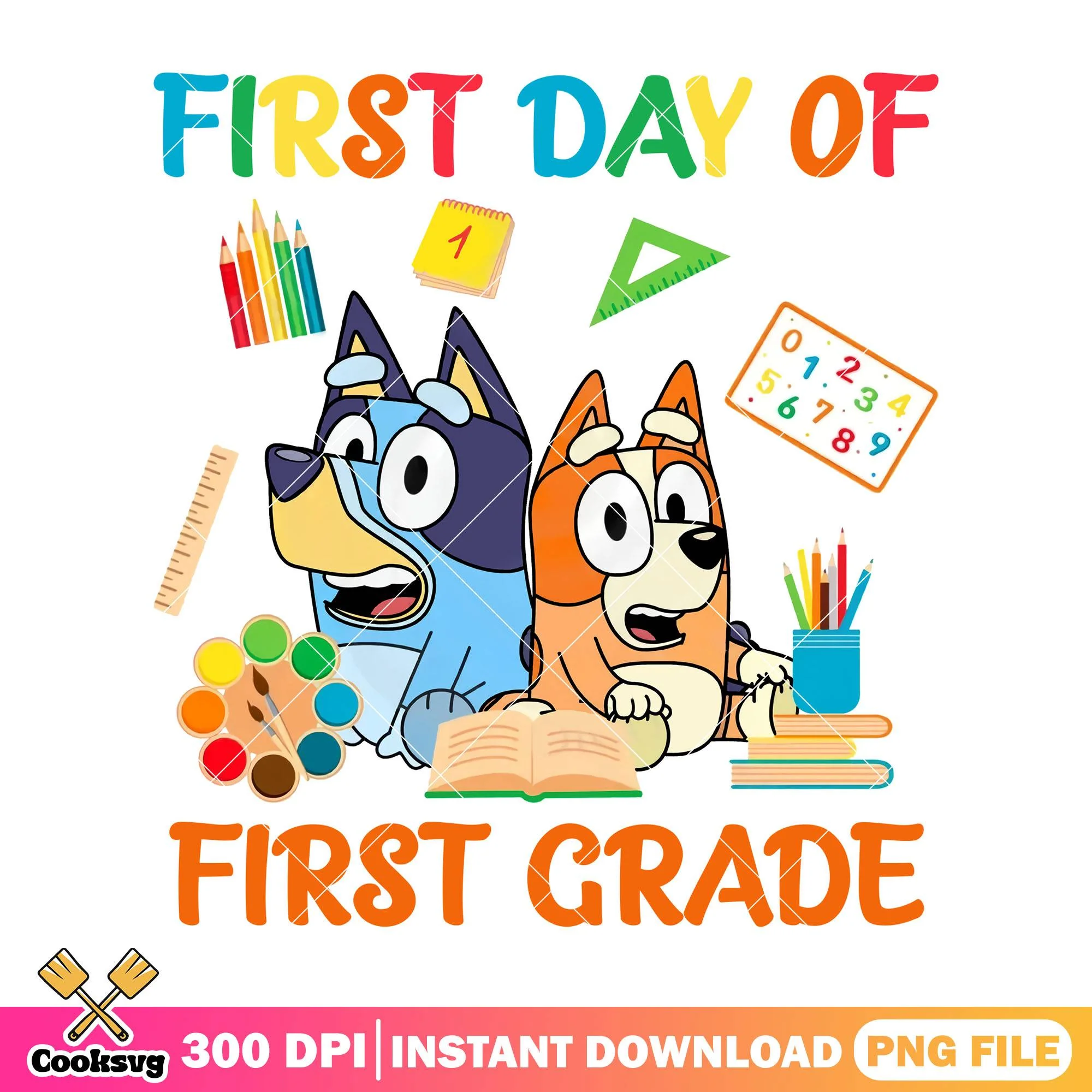 First day of bluey bingo png, back to school art png, first grade png