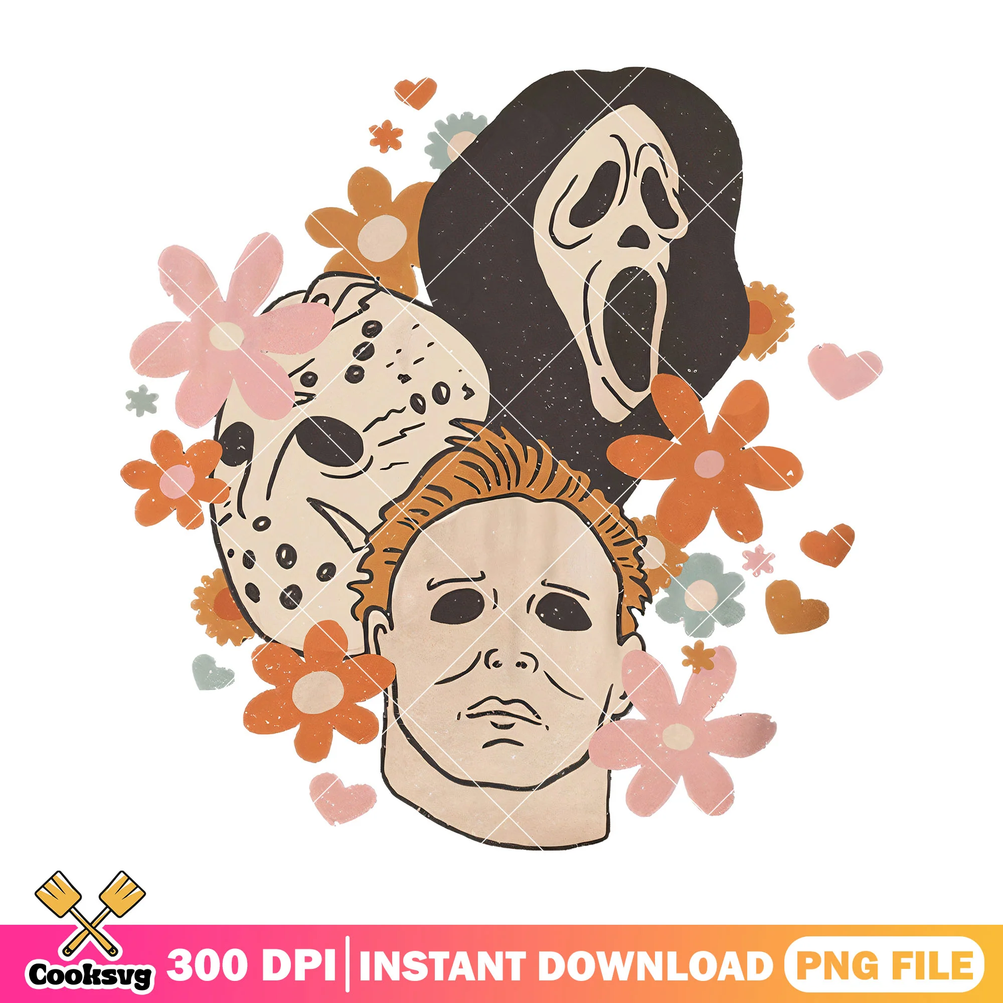 Floral horror character head design png, horror characters png