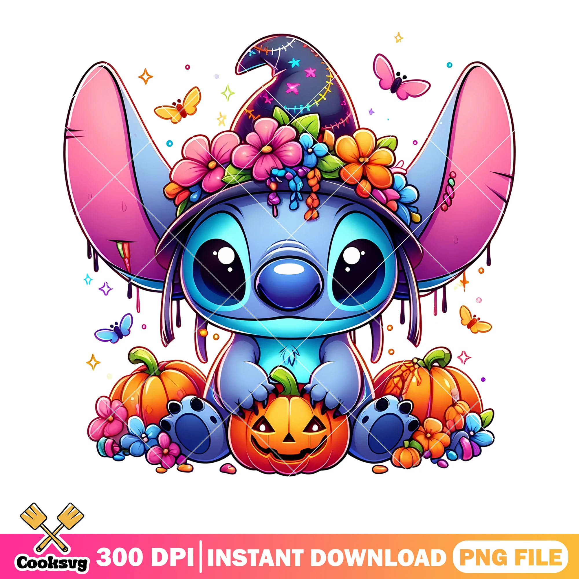 Flower garland png, stitch character png, cute pumpkin png