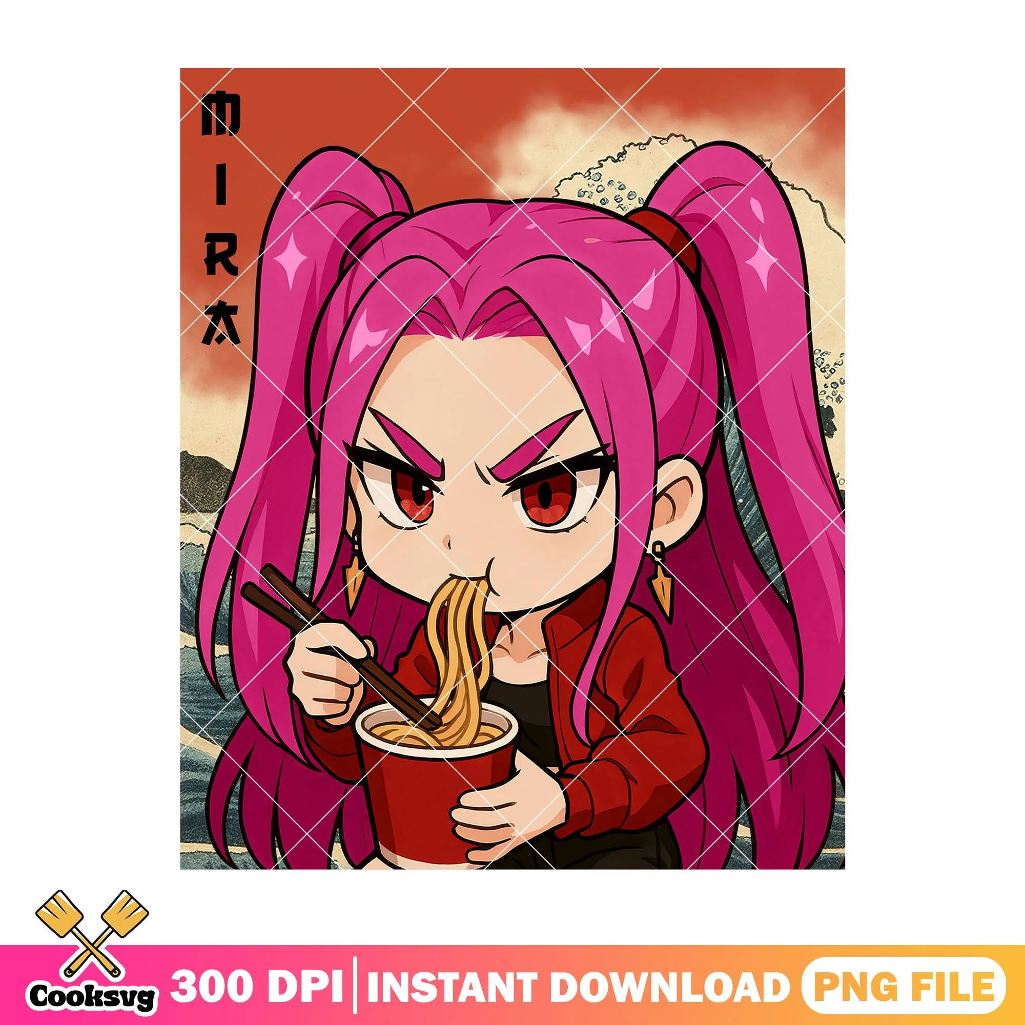 Folk painting mira ramyeon png, huntrix ramyeon png, mira huntrix png