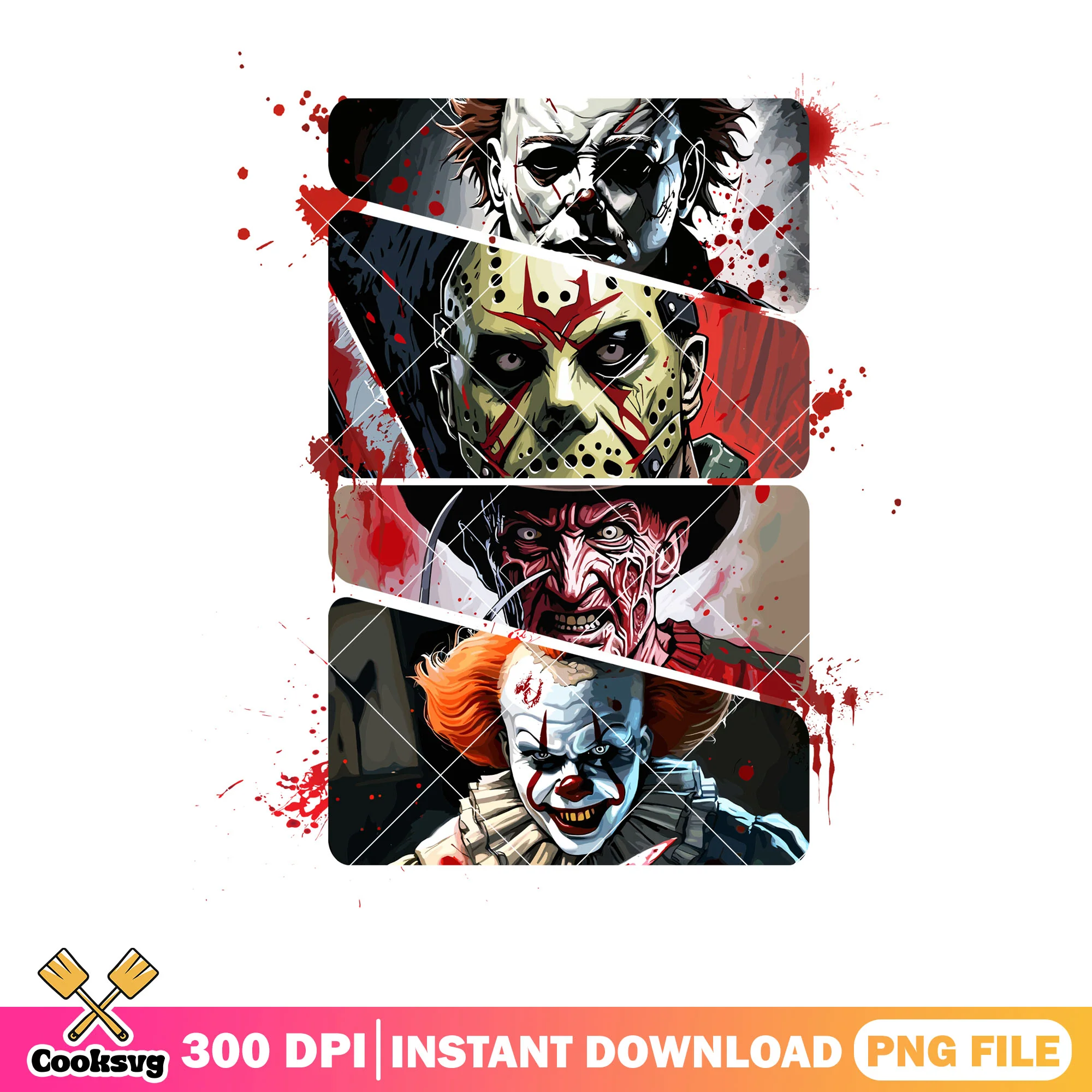 Four scariesr character png, bloody picture png, halloween scary png