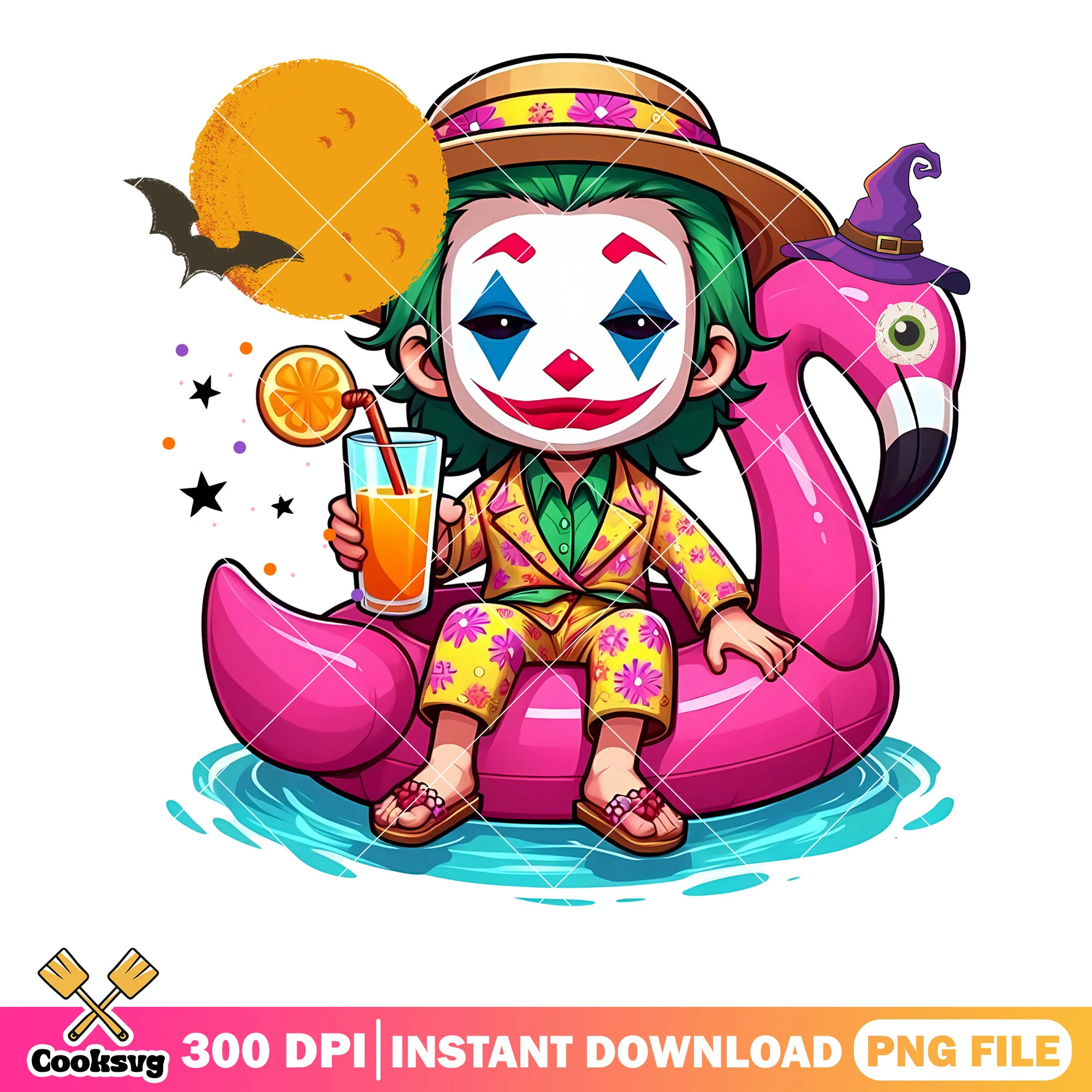 Full moon night png, cute halloween costume png, chibi joker png
