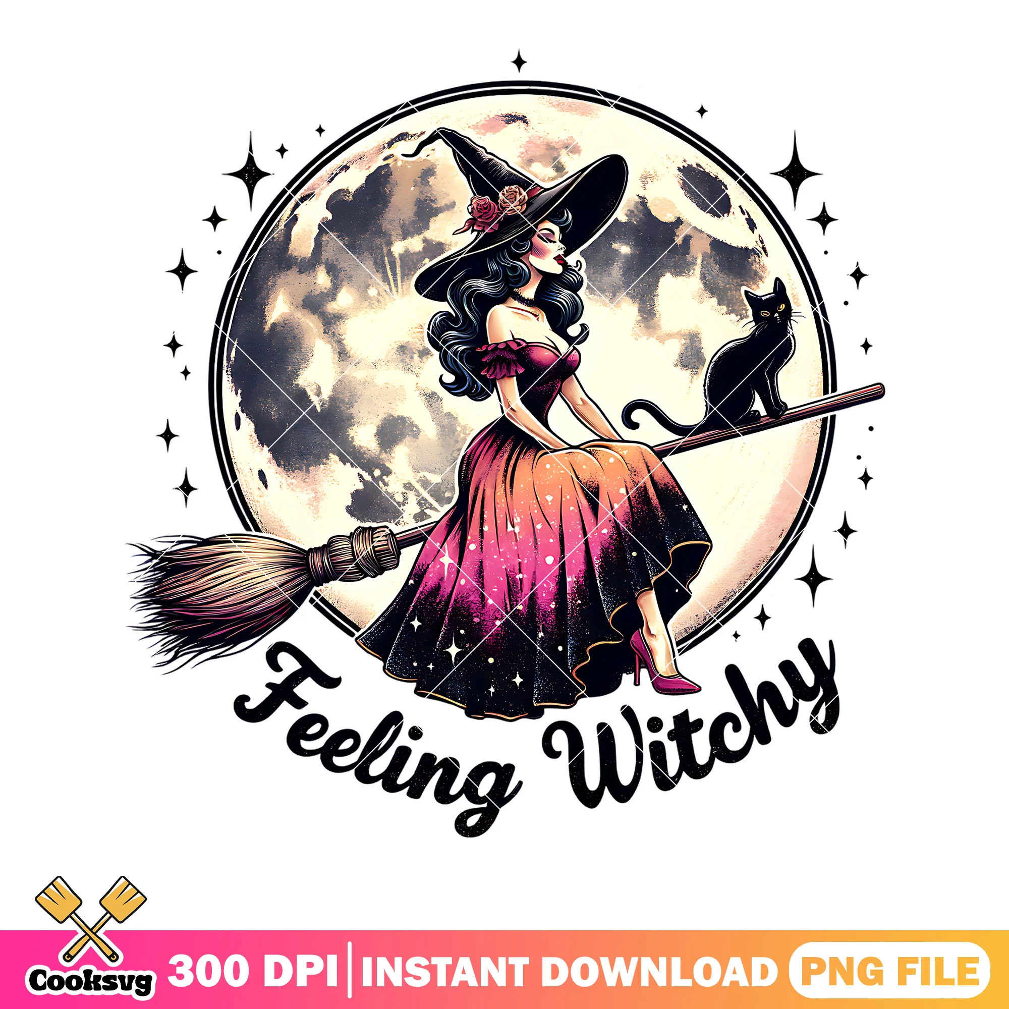 Full moon night ride broom png, witch costume png, halloween scary png