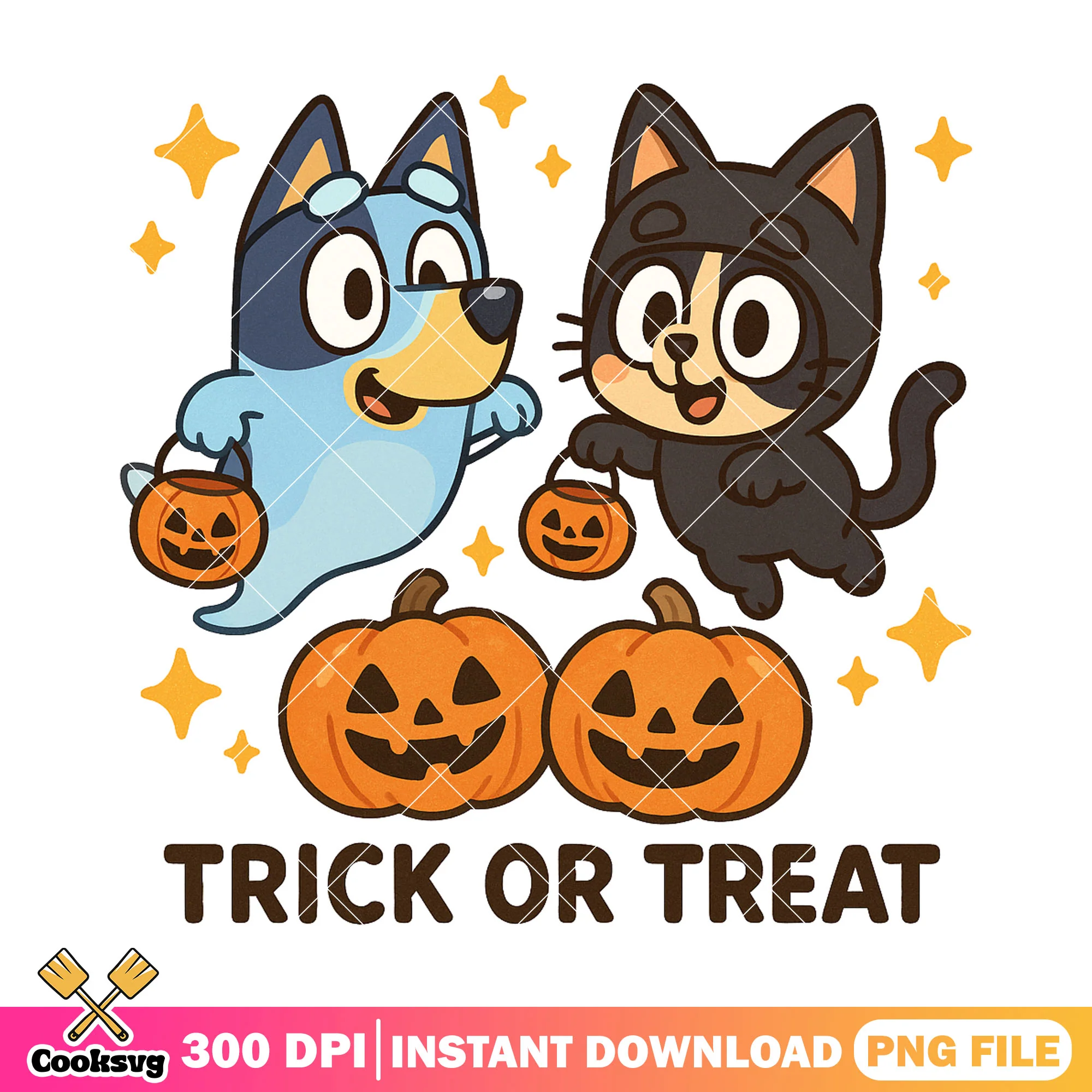 Ghost bluey and black cat bingo trick or treat png, cute halloween costumes png