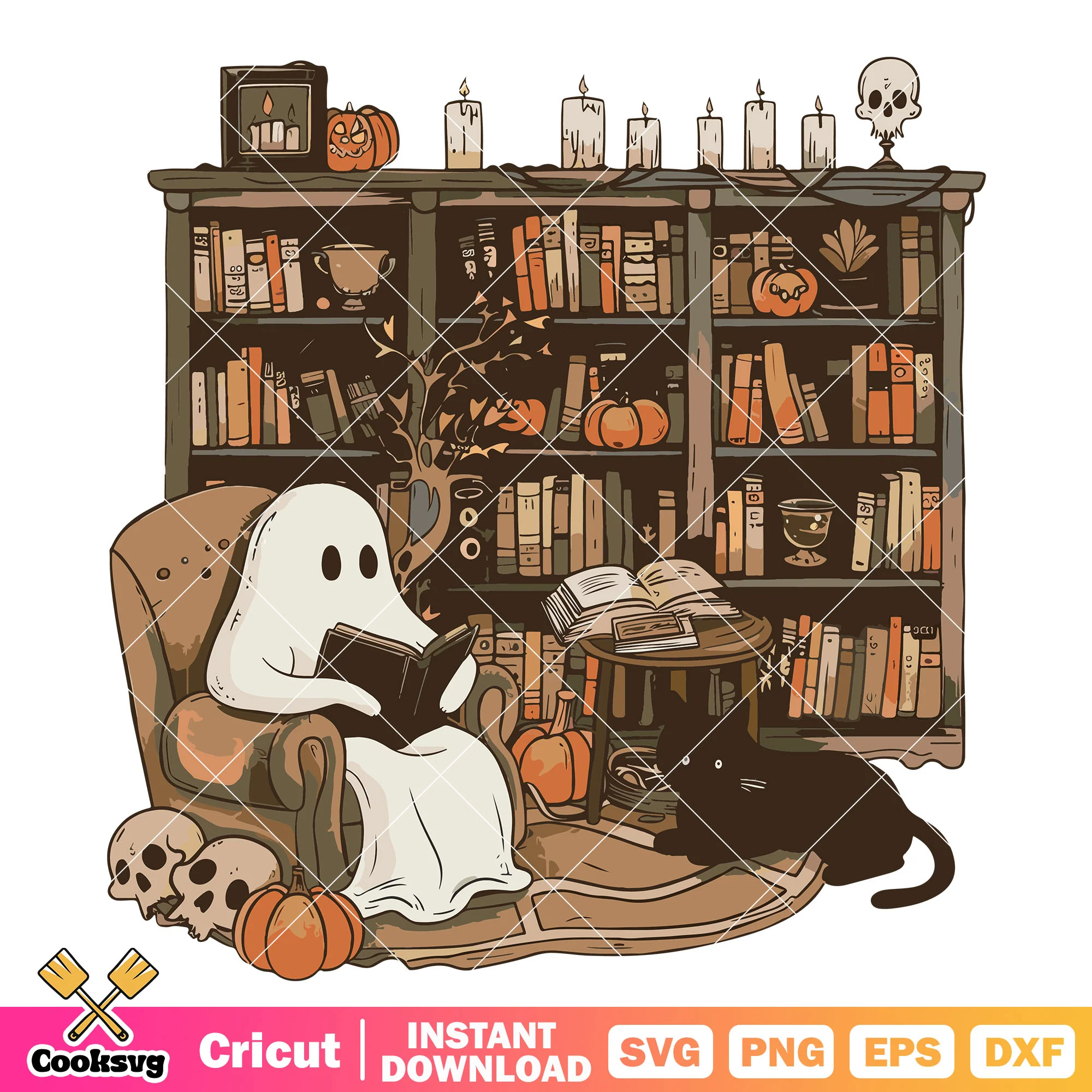 Ghost reading book svg, cute ghost svg, book halloween svg