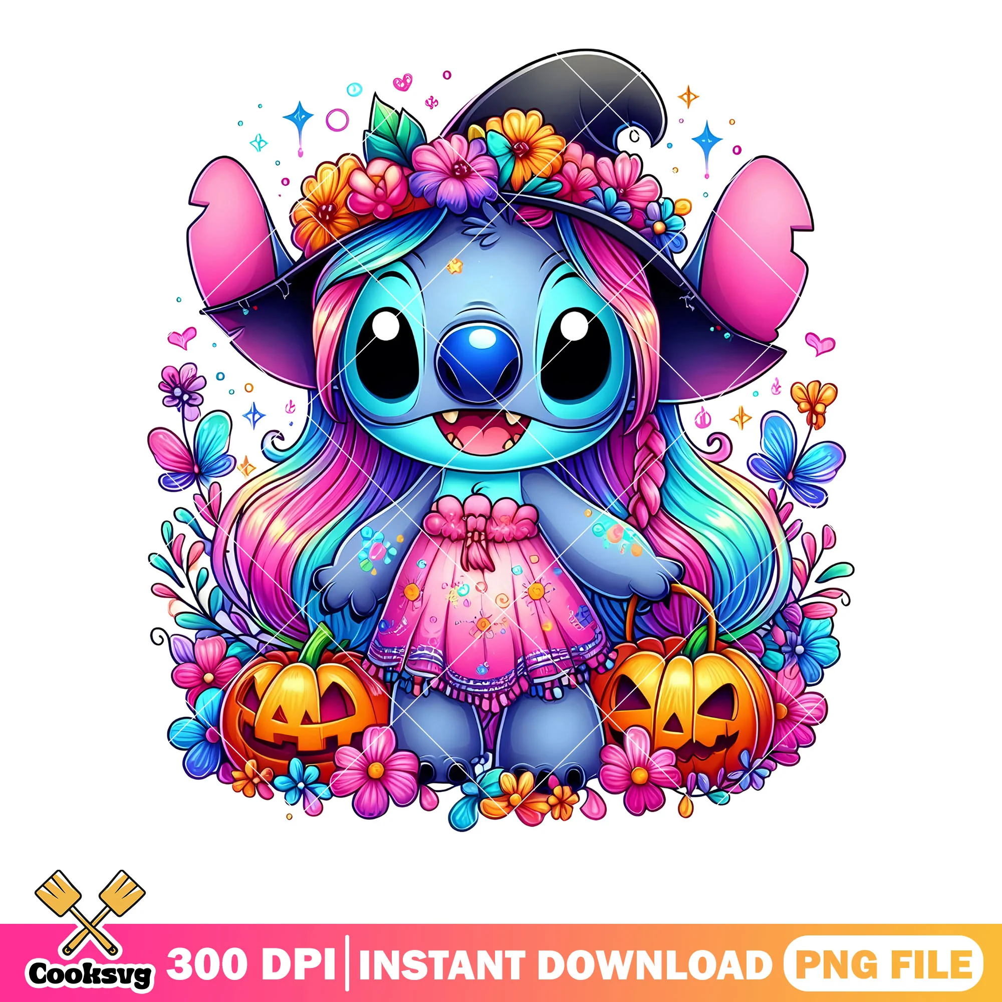 GIrl alien stitch png, disney halloween png, jack o lantern png