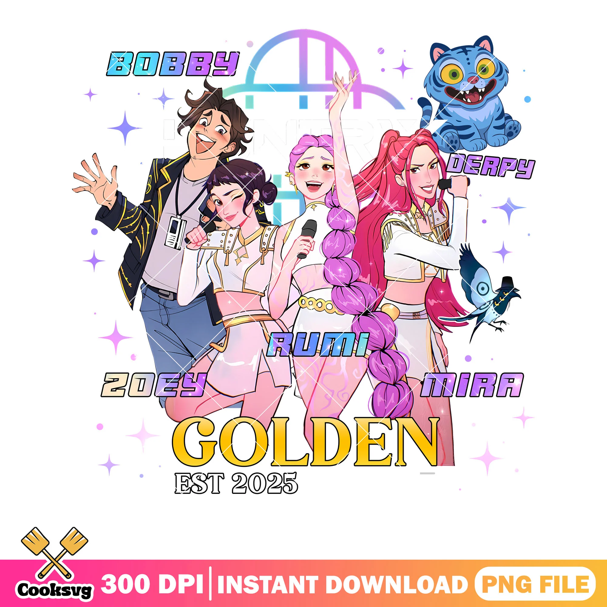 Golden kpop group png, poster anime png, bobby rumi zoey png