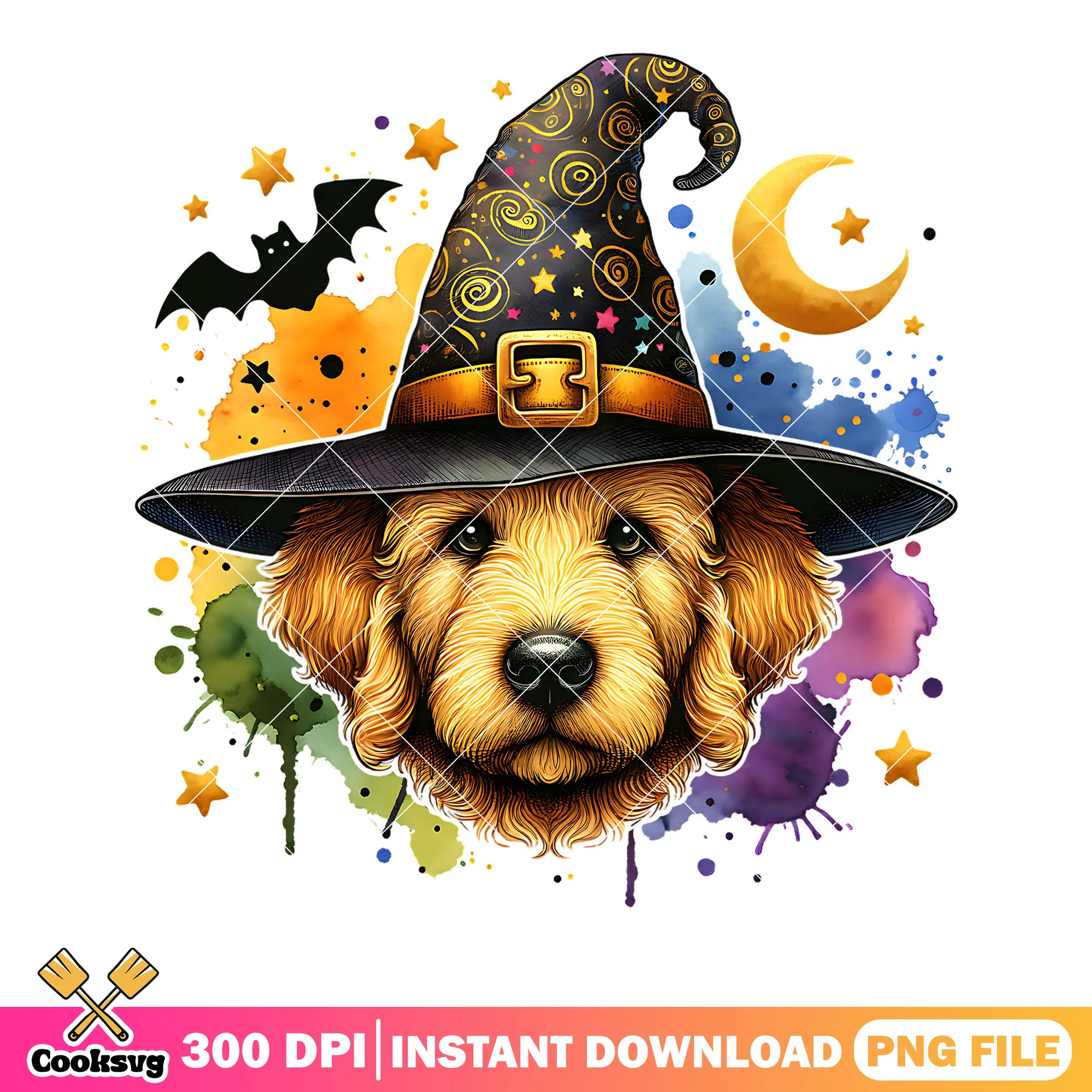 Golden retriver the witch png, cresent moon png, halloween scary png