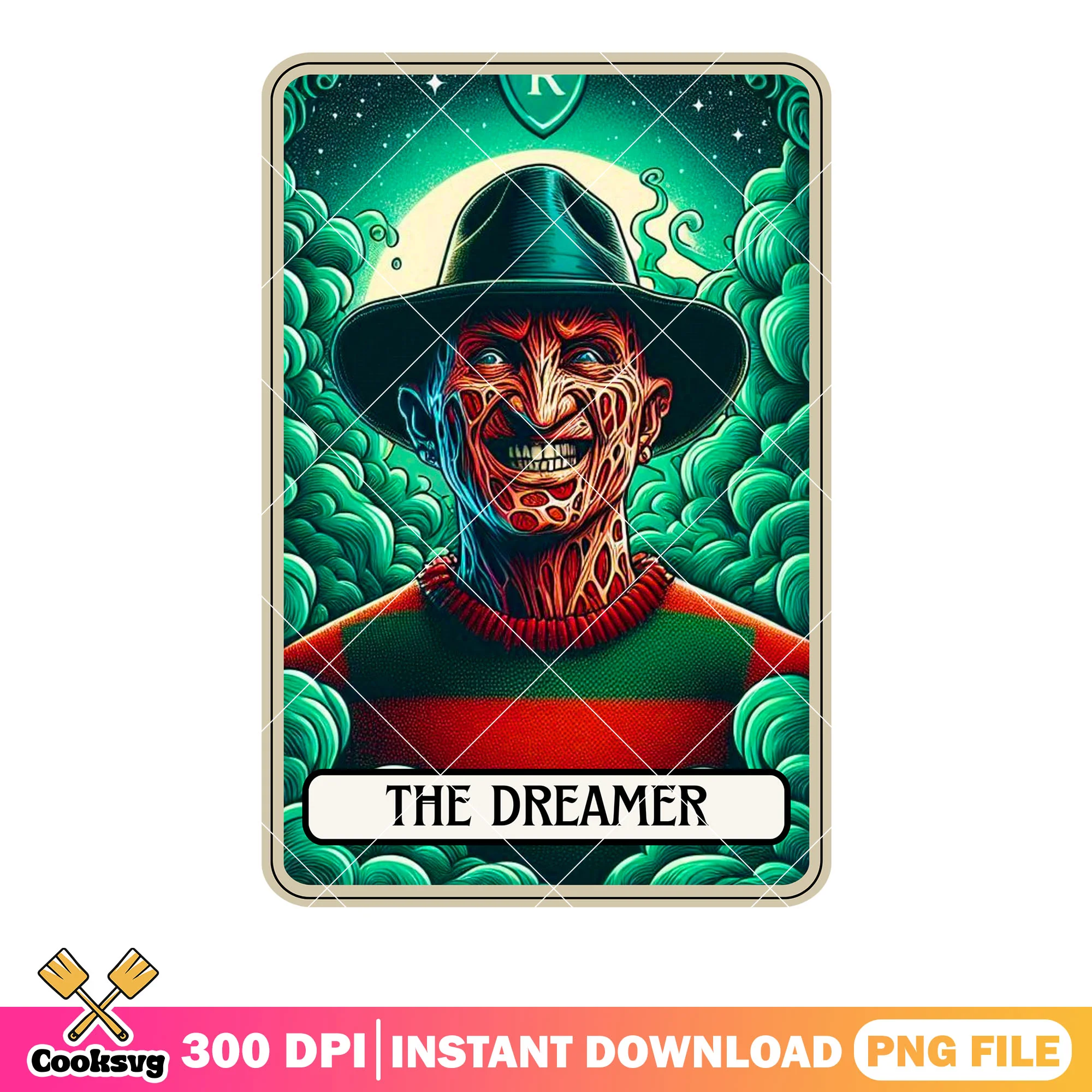 Green magic cloud scary card png, crazy smile png, stary night png