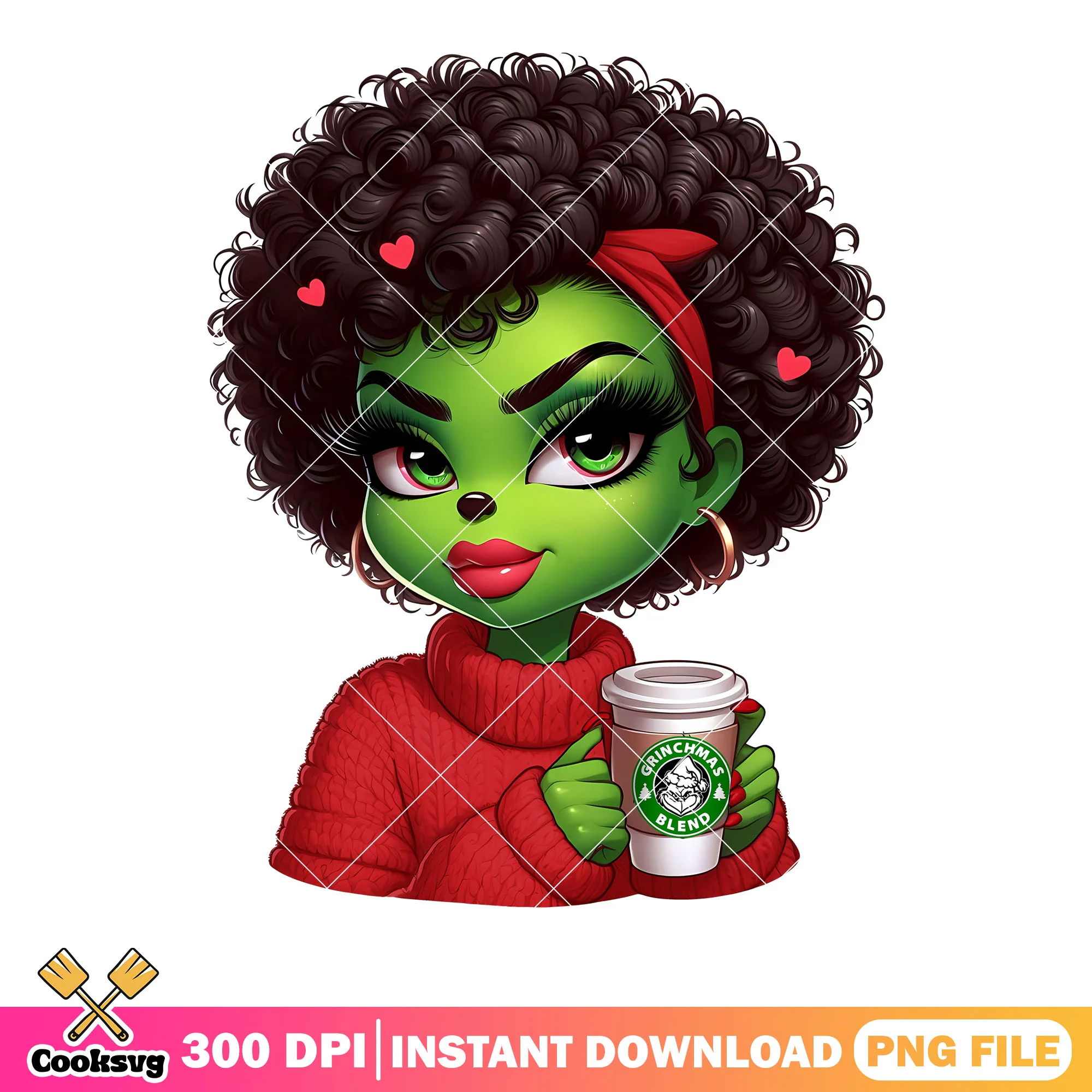 Green queen with hot choco png, christmas coffee png, the grinch png