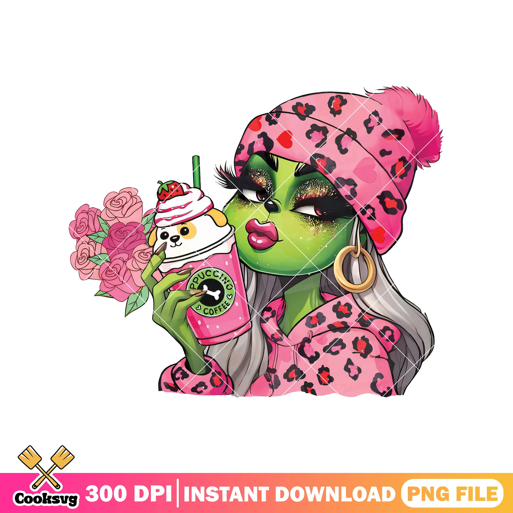 Grinch girl coffee valentine png, grinch valentine png, coffee valentine png