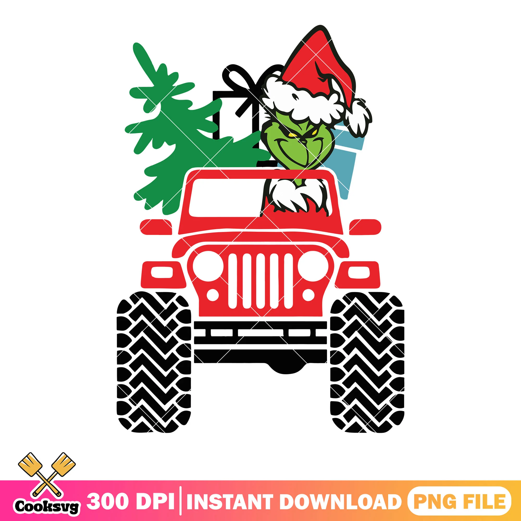 Grinch on the zeep png, christmas tree png, christmas decor png