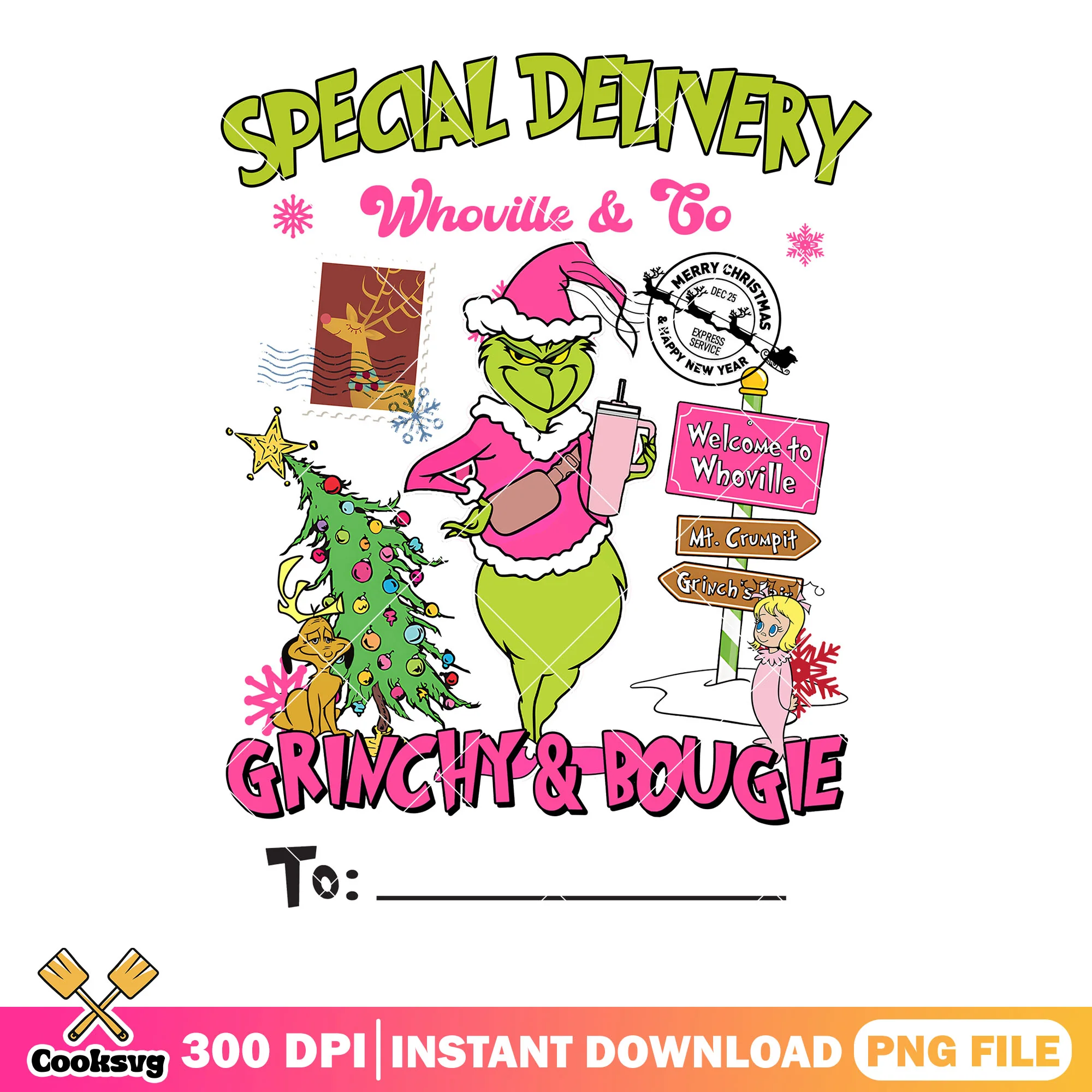 Grinchy and bougie png, santa claus png, xmas decorations png