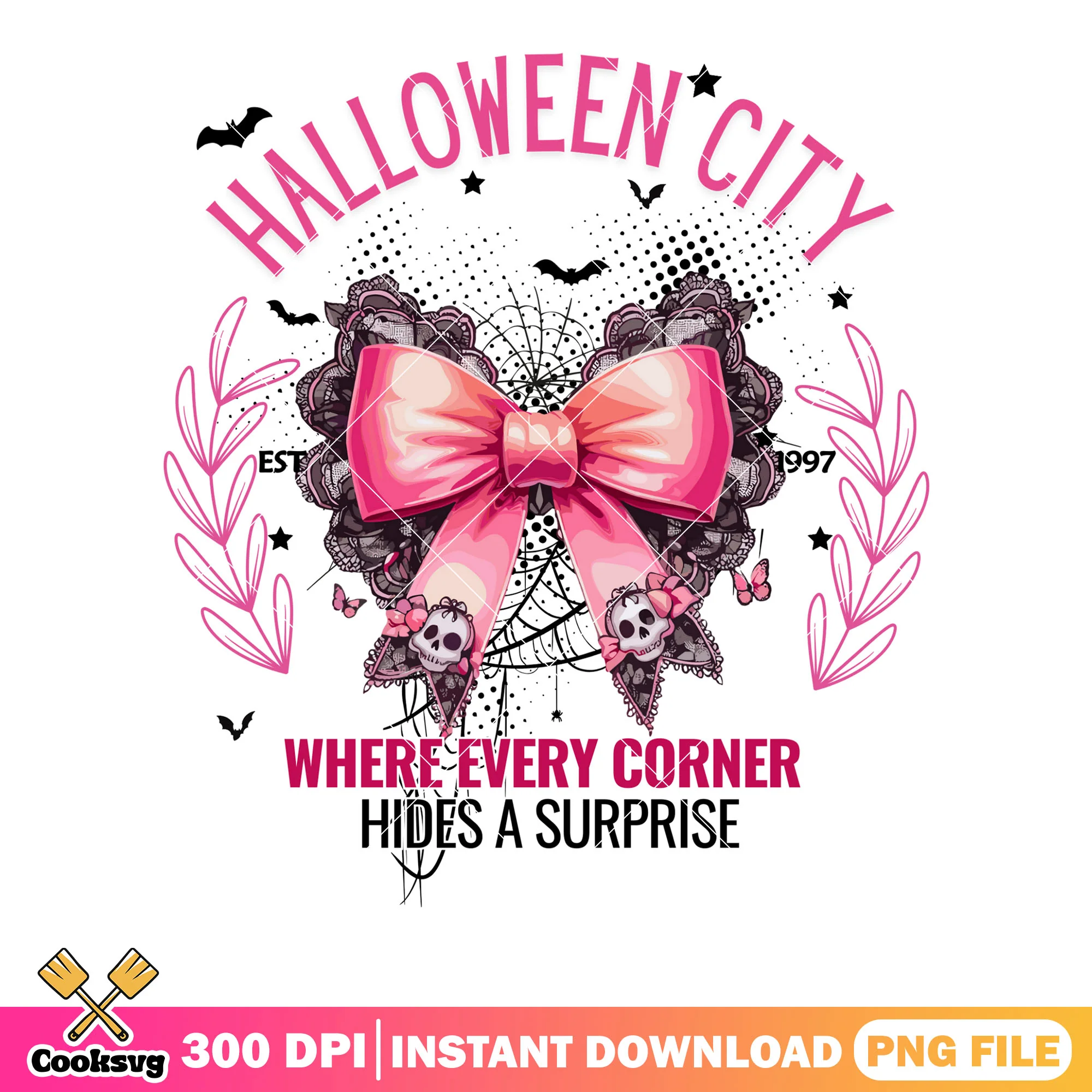 Halloween city png, pink bow tie png, spooky halloween png