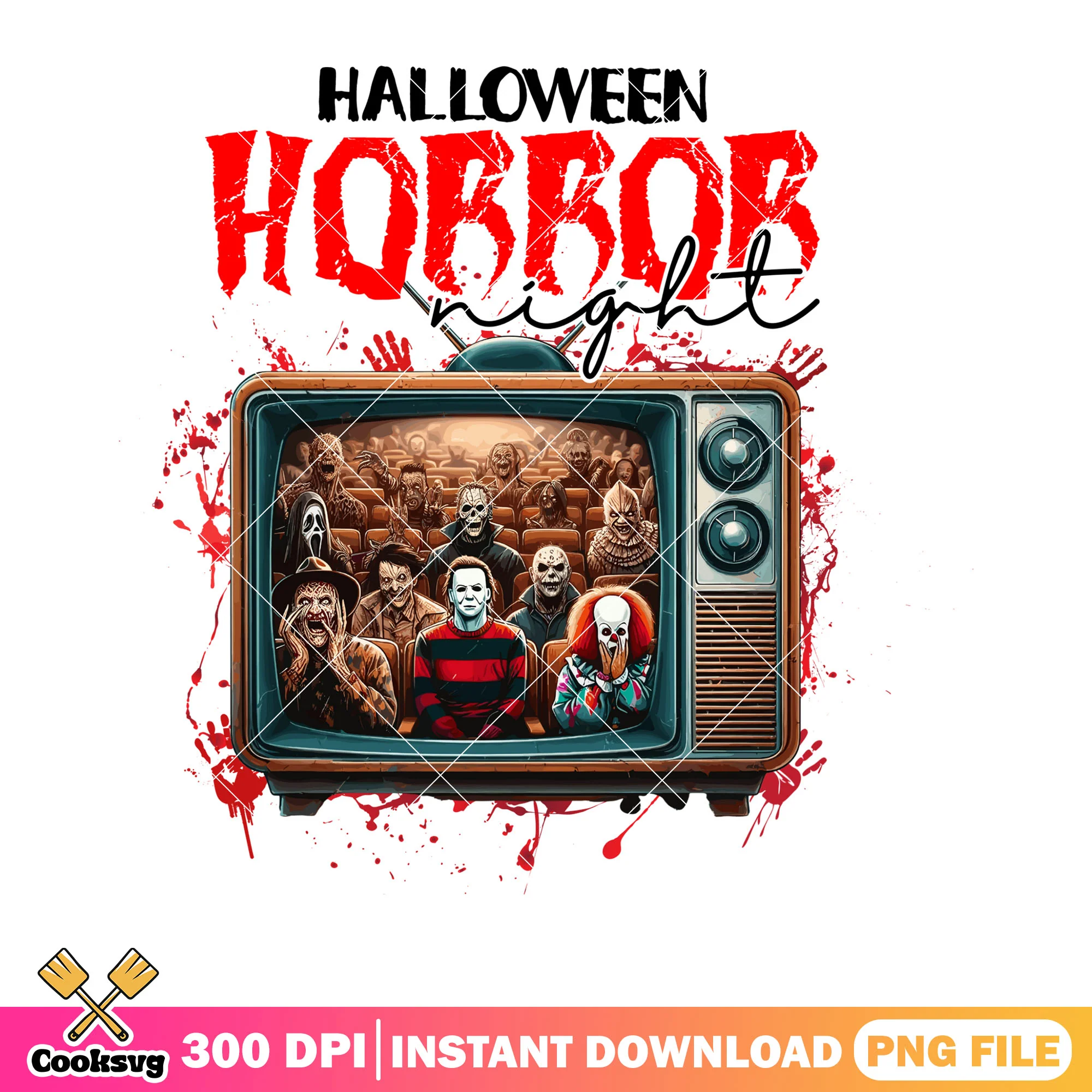 Halloween horror png, bloody television png, micheal myers png