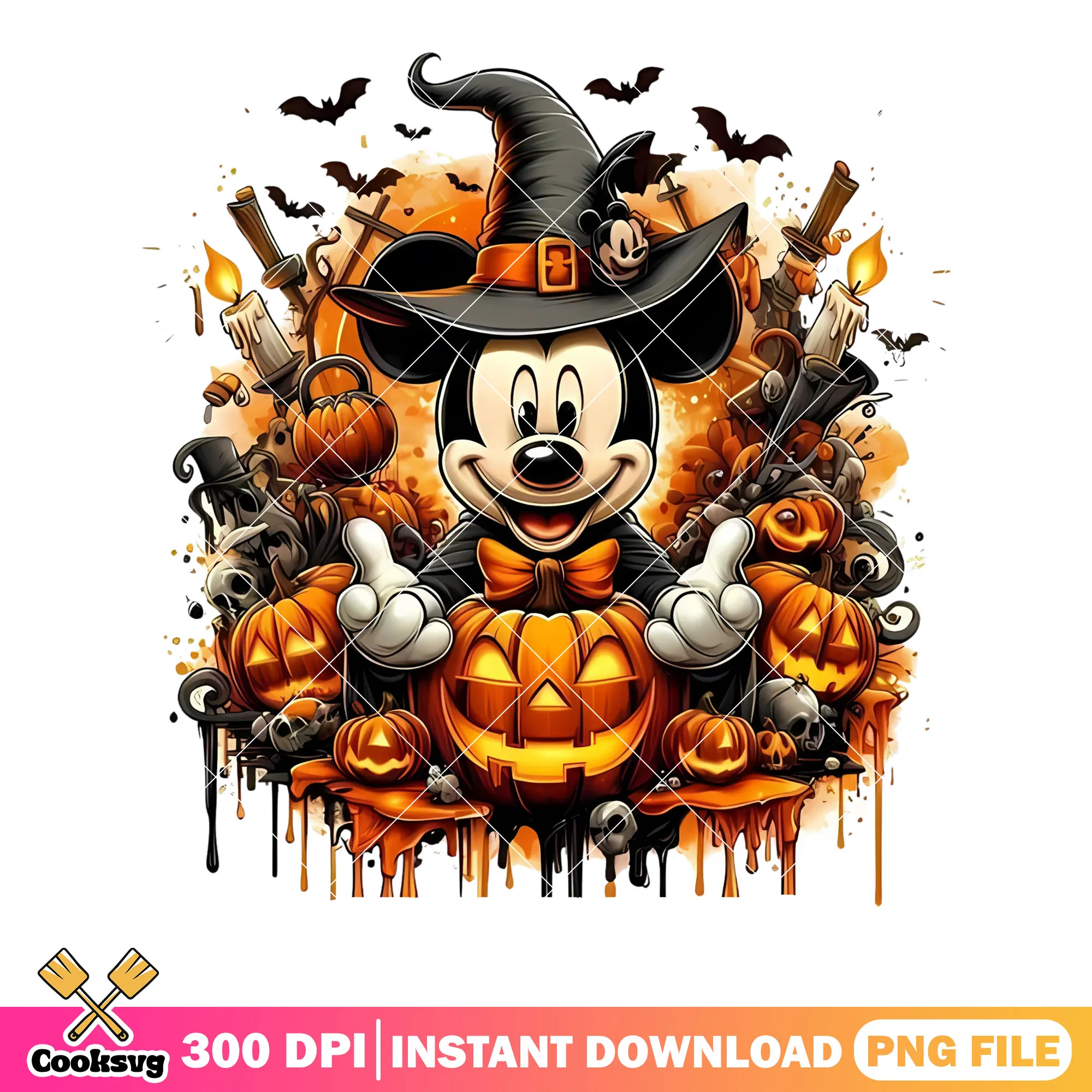 Halloween pumpkin MIckey png, witch costume png, disney character png