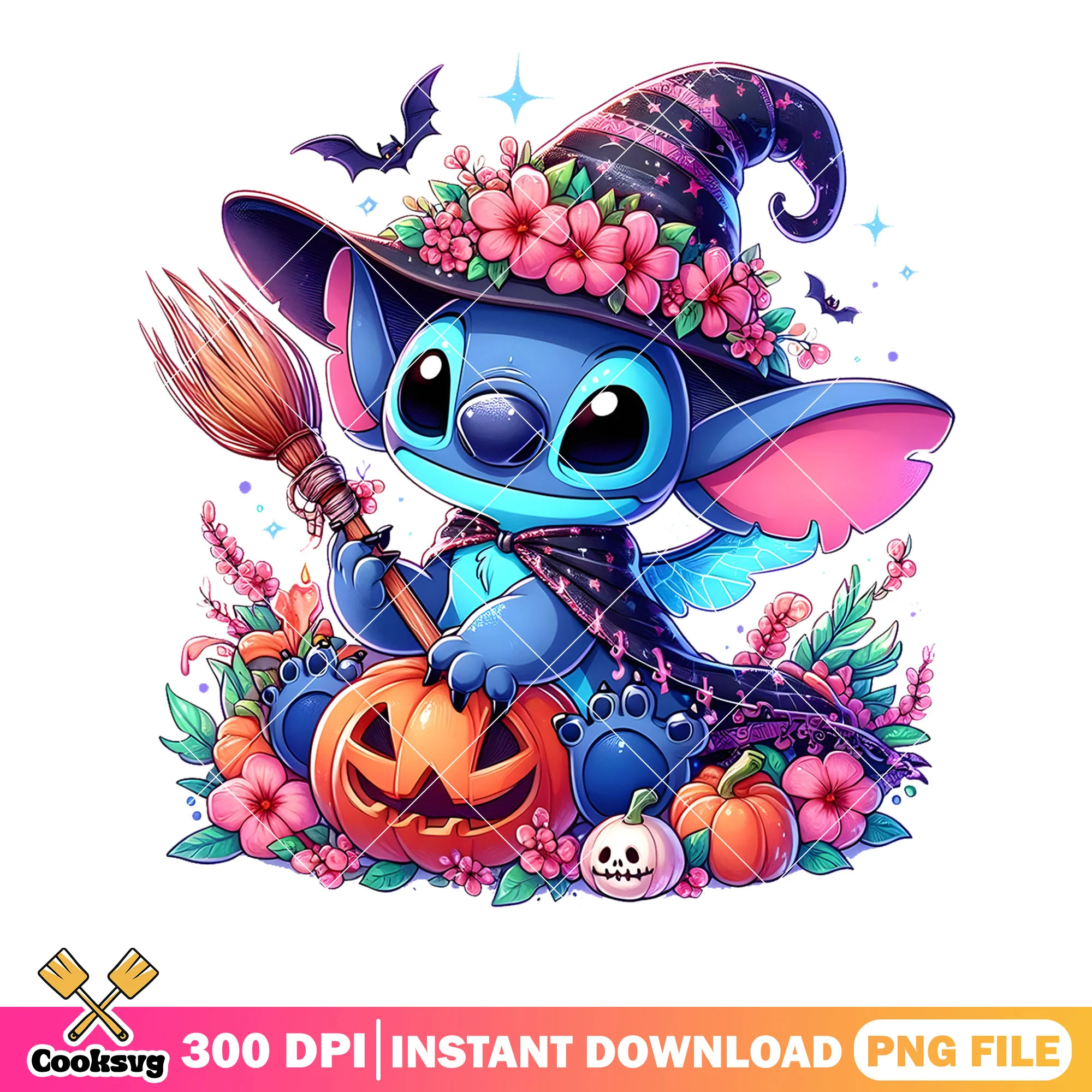 Halloween stich cute png, halloween disney png, witch with broom png