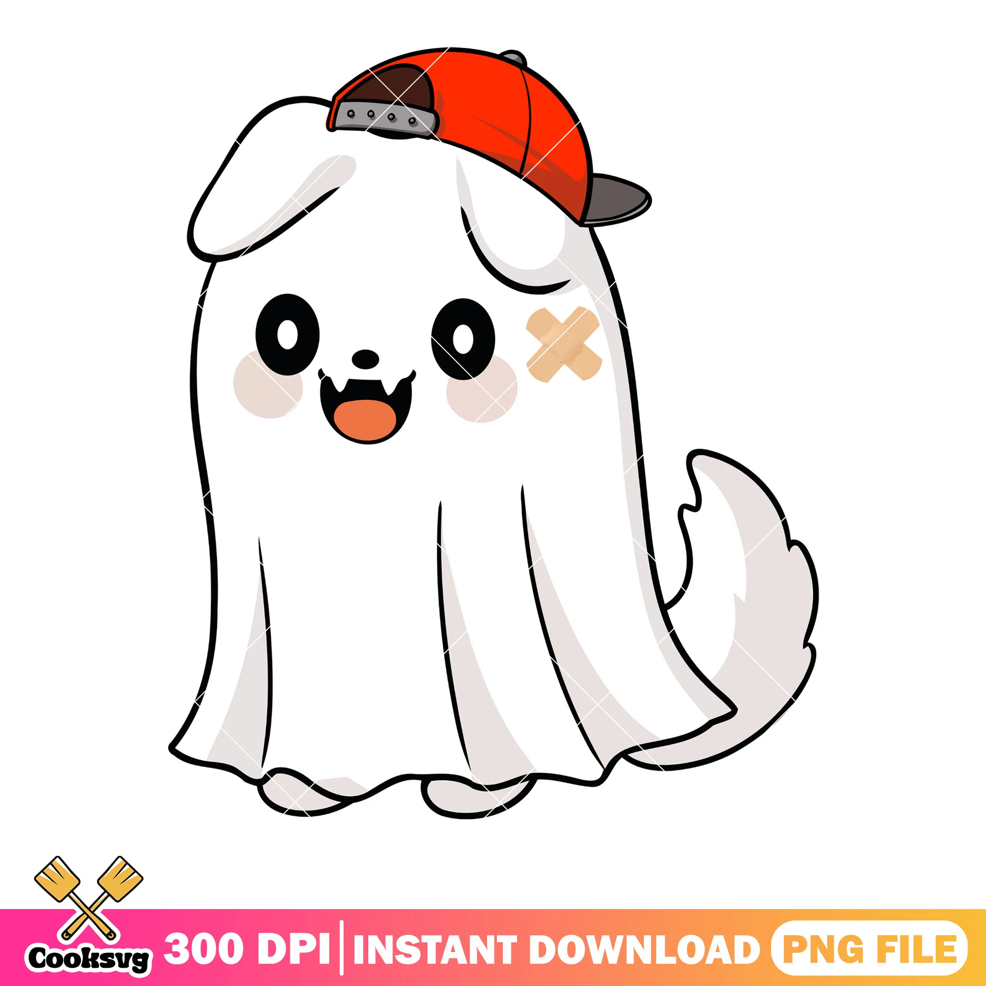Happy Chibi baby dog ghost png, red hat png, cute halloween costumes png