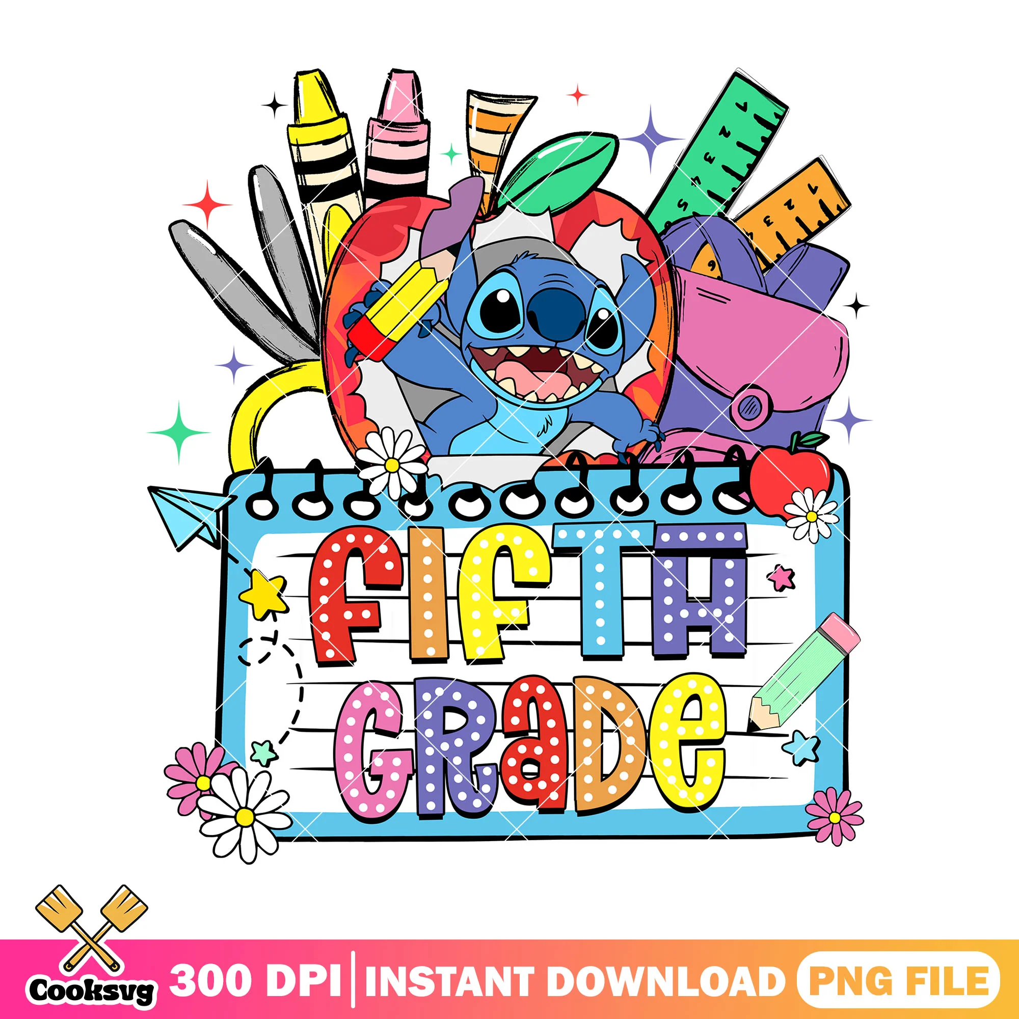 Happy fifth grade stitch png, stitch art png, back to school idea png
