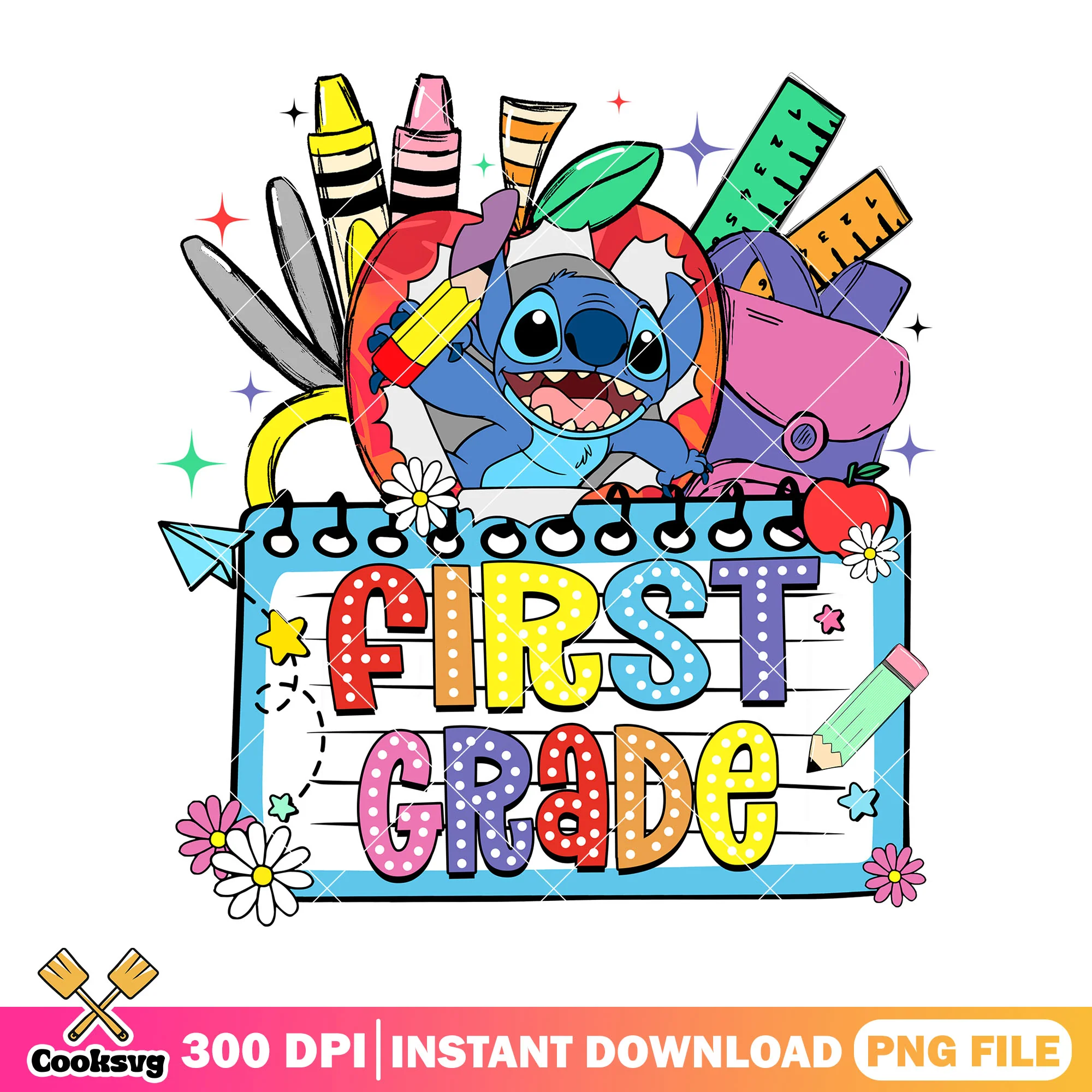 Happy first grade stitch png, disney art png, back to school day png
