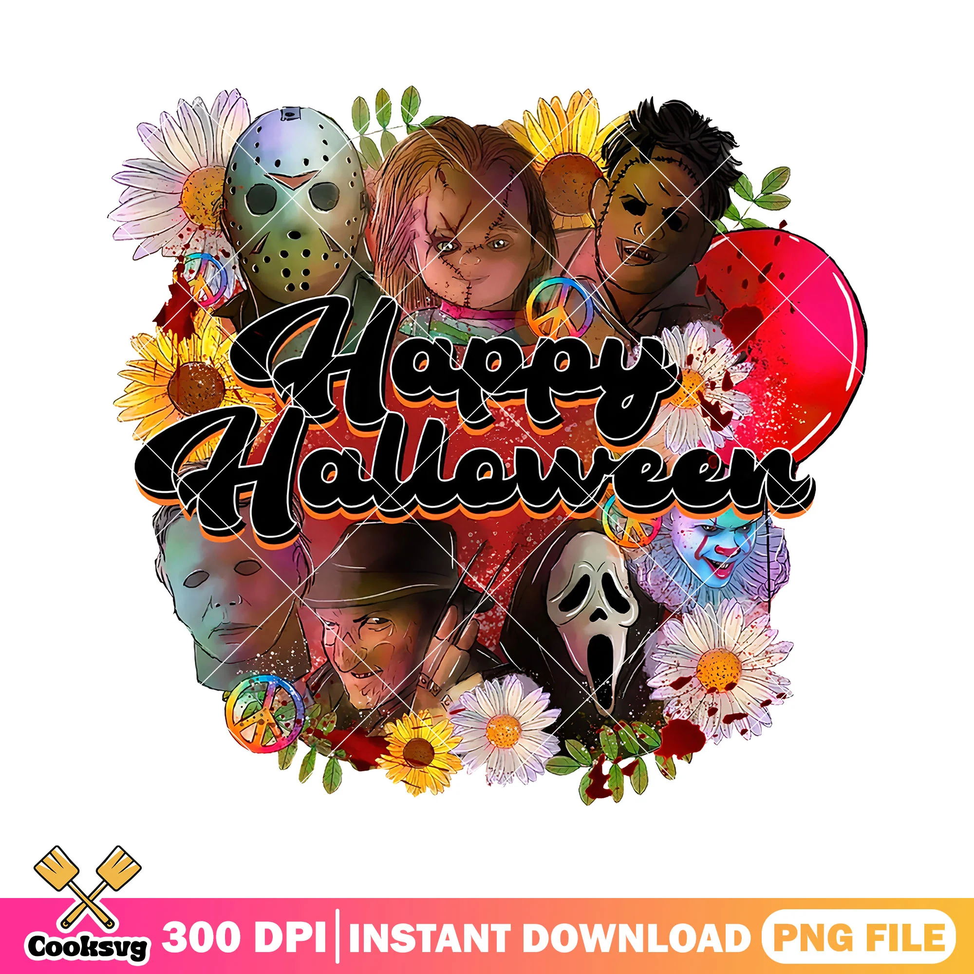 Happy halloween floral and horror face design png, halloween day png