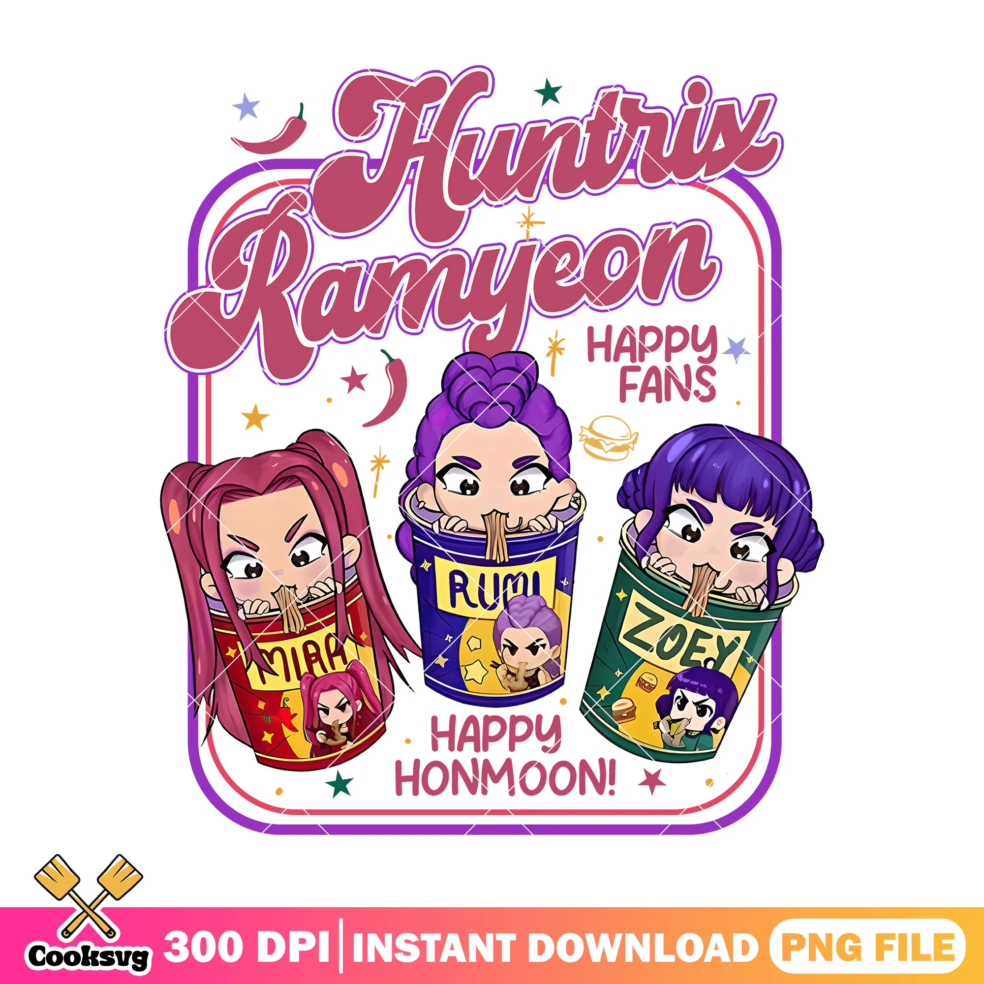 Happy honmoon huntrix png, huntrix ramyeon png, kpop hunters png