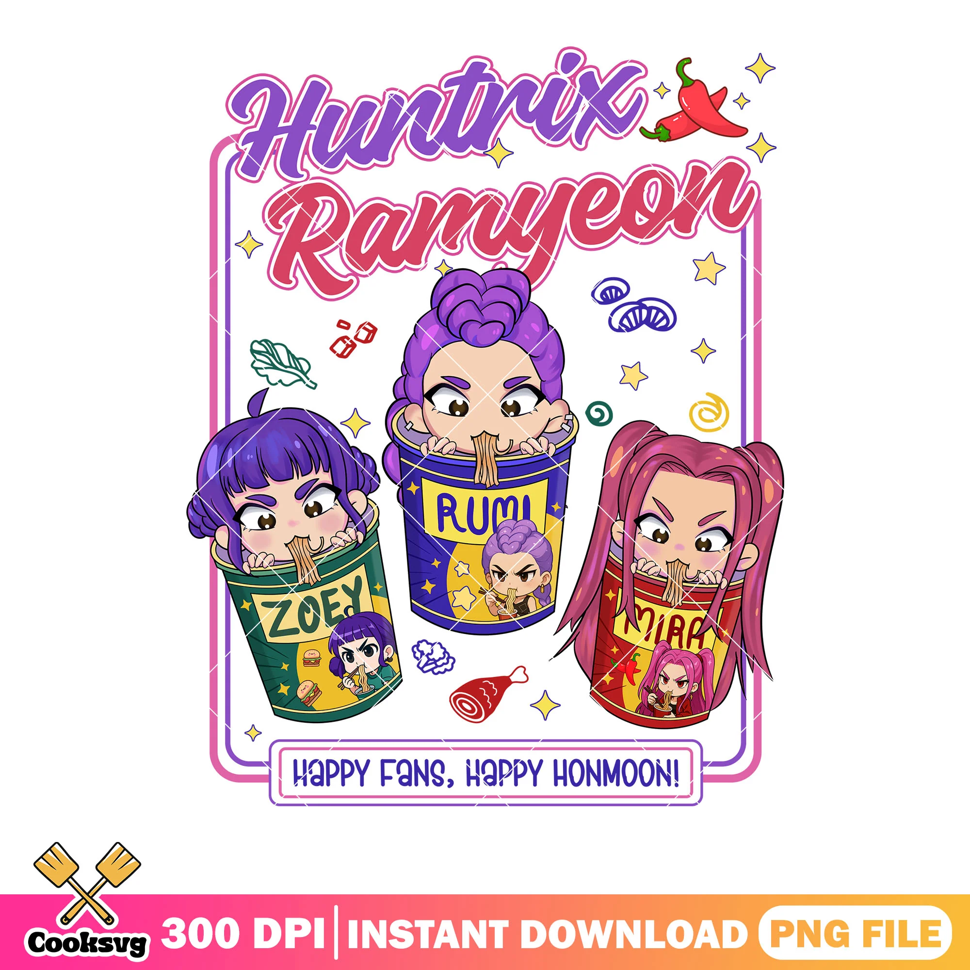Happy honmooni girl png, huntrix ramyeon png, huntrix kpop png