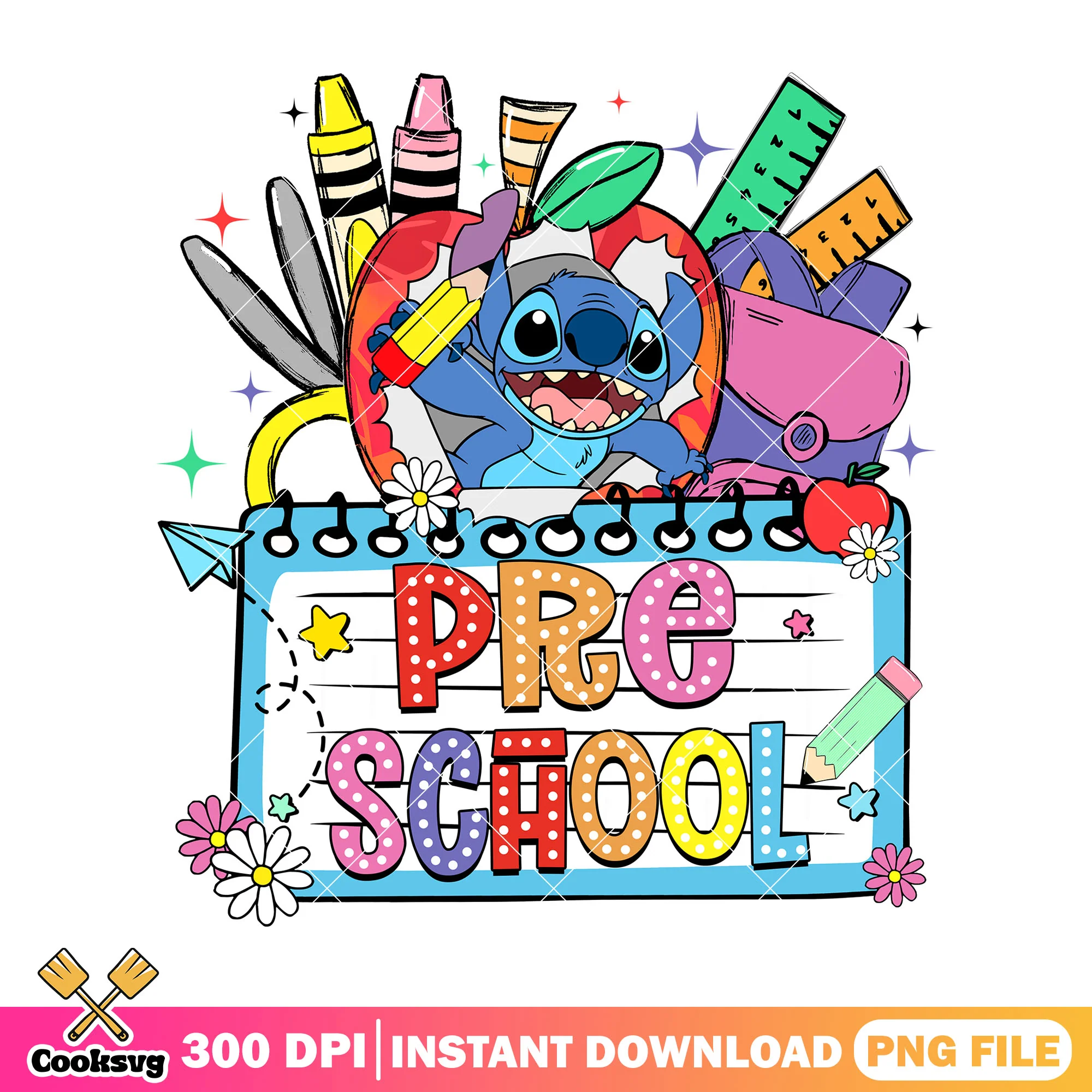 Happy pre school stitch png, love stitch png, go back to school png