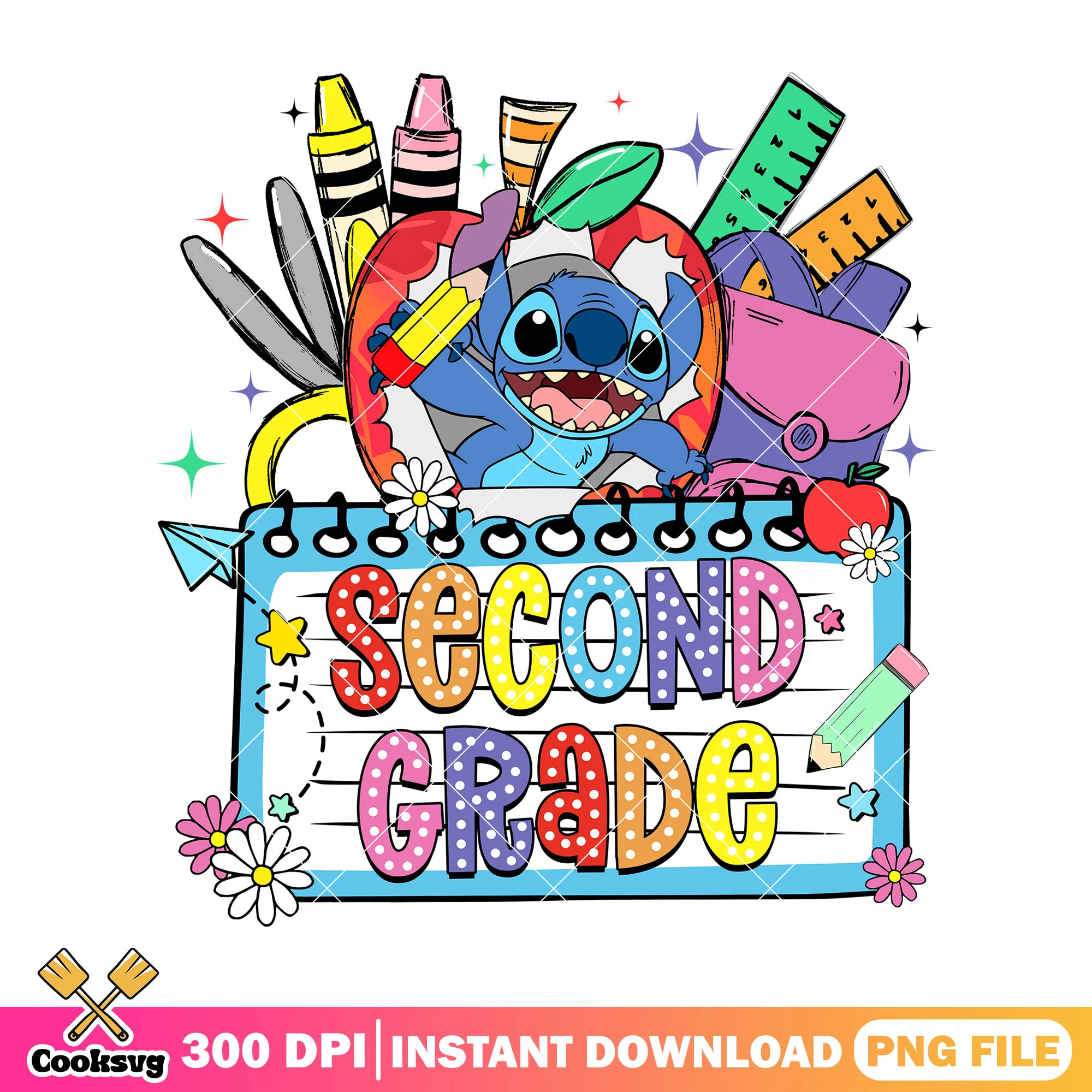 Happy second grade stitch png, disney character png, back to school png