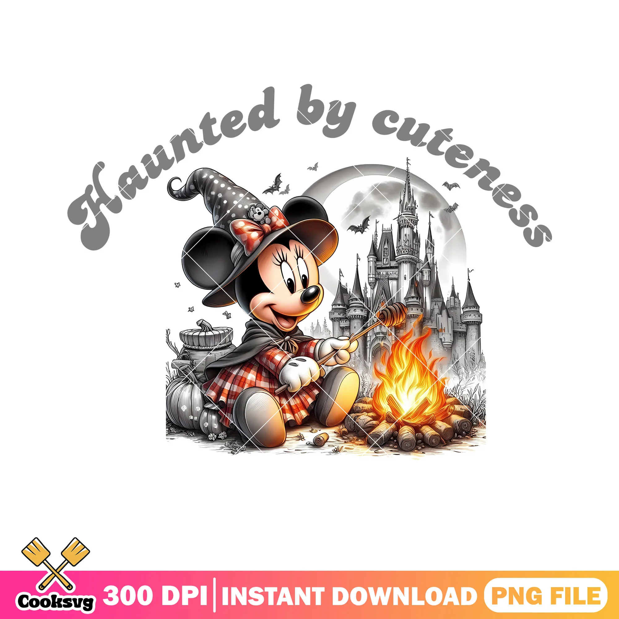 Haunted by cuteness png, full moon night png, camp fire png