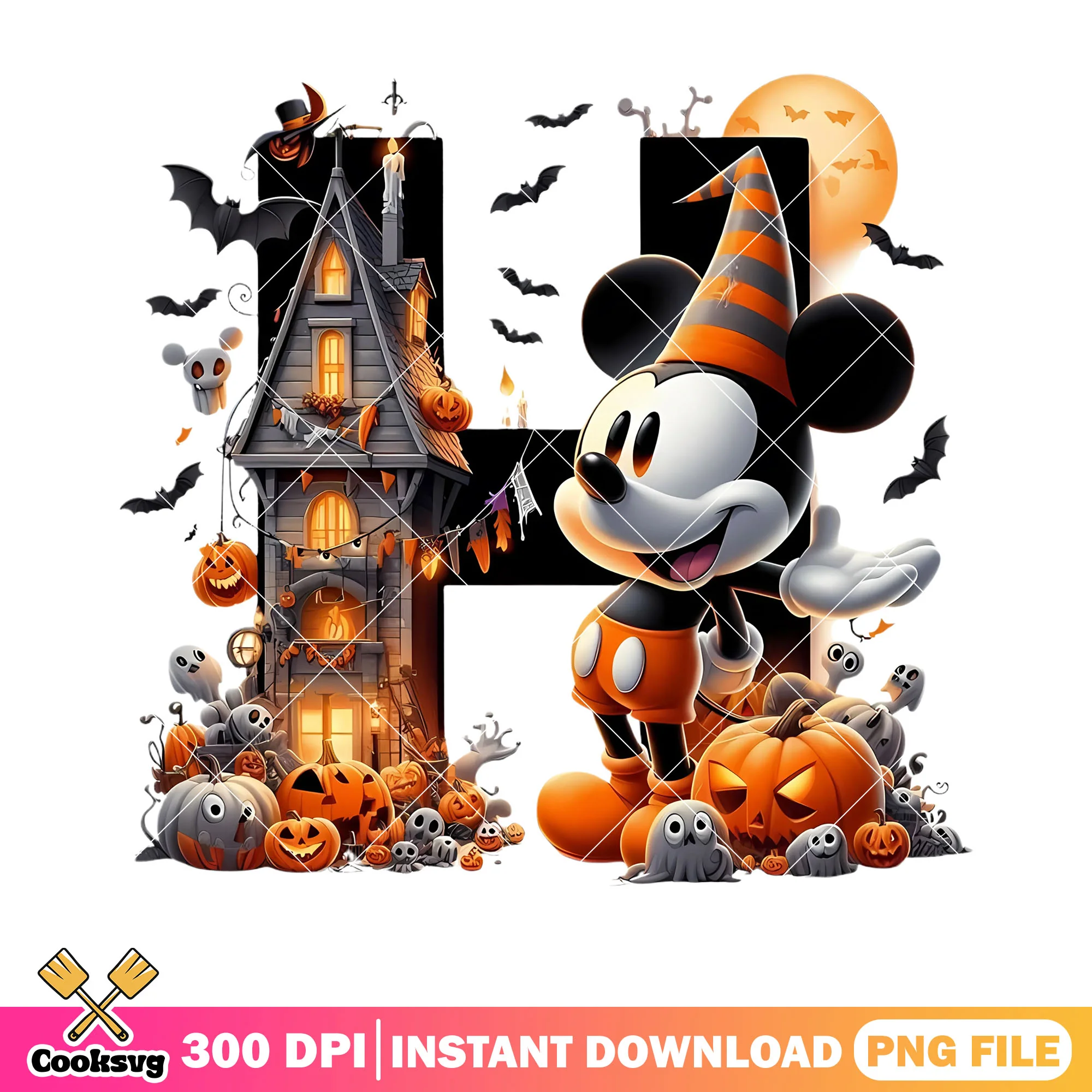 Haunted spooky house png, disney halloween png, full night moon png