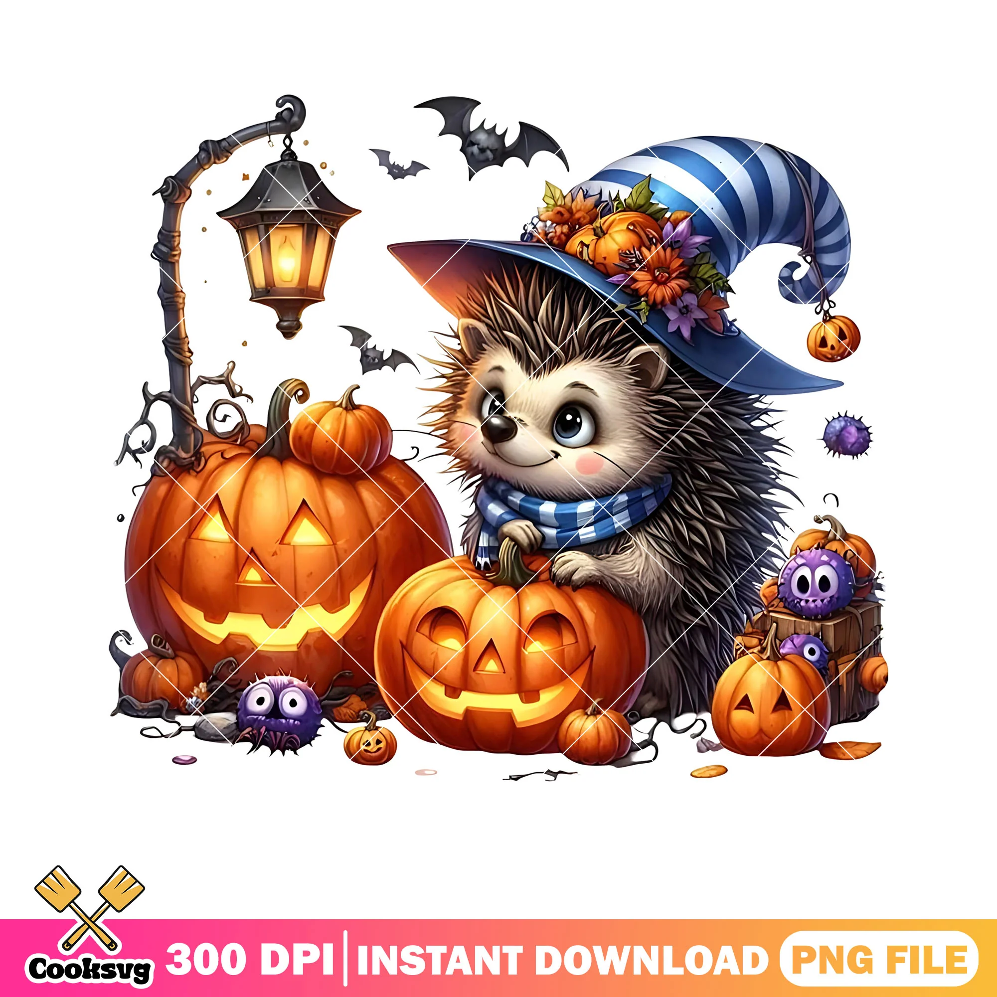 Hedgehog under the light png, jack o lantern png, crazy halloween night png