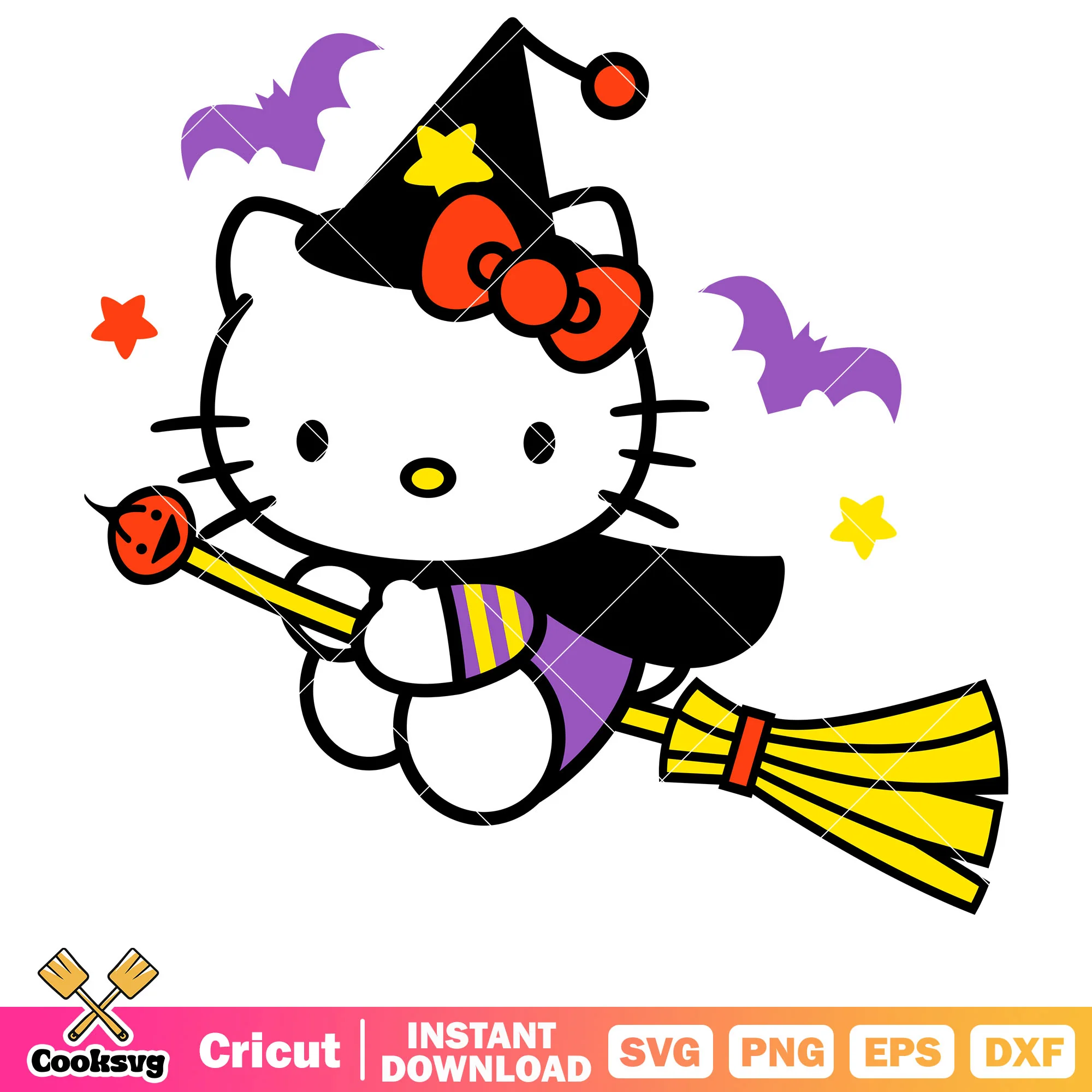 Hello kitty witch flying svg, halloween hello kitty svg
