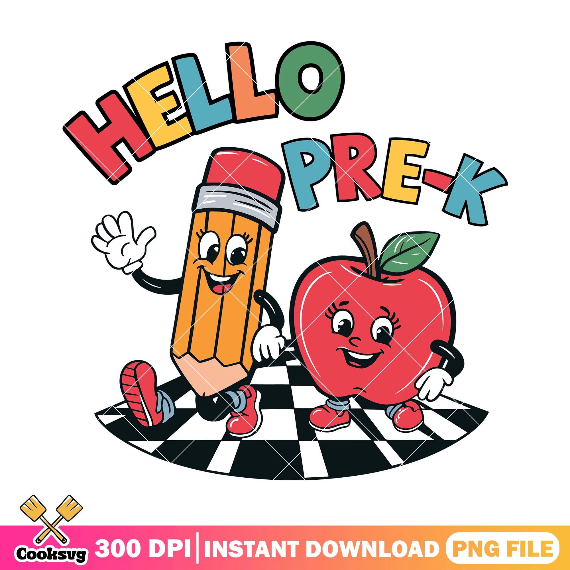 Hello pre-k apple and pencil png, cute apple png, back to school art png