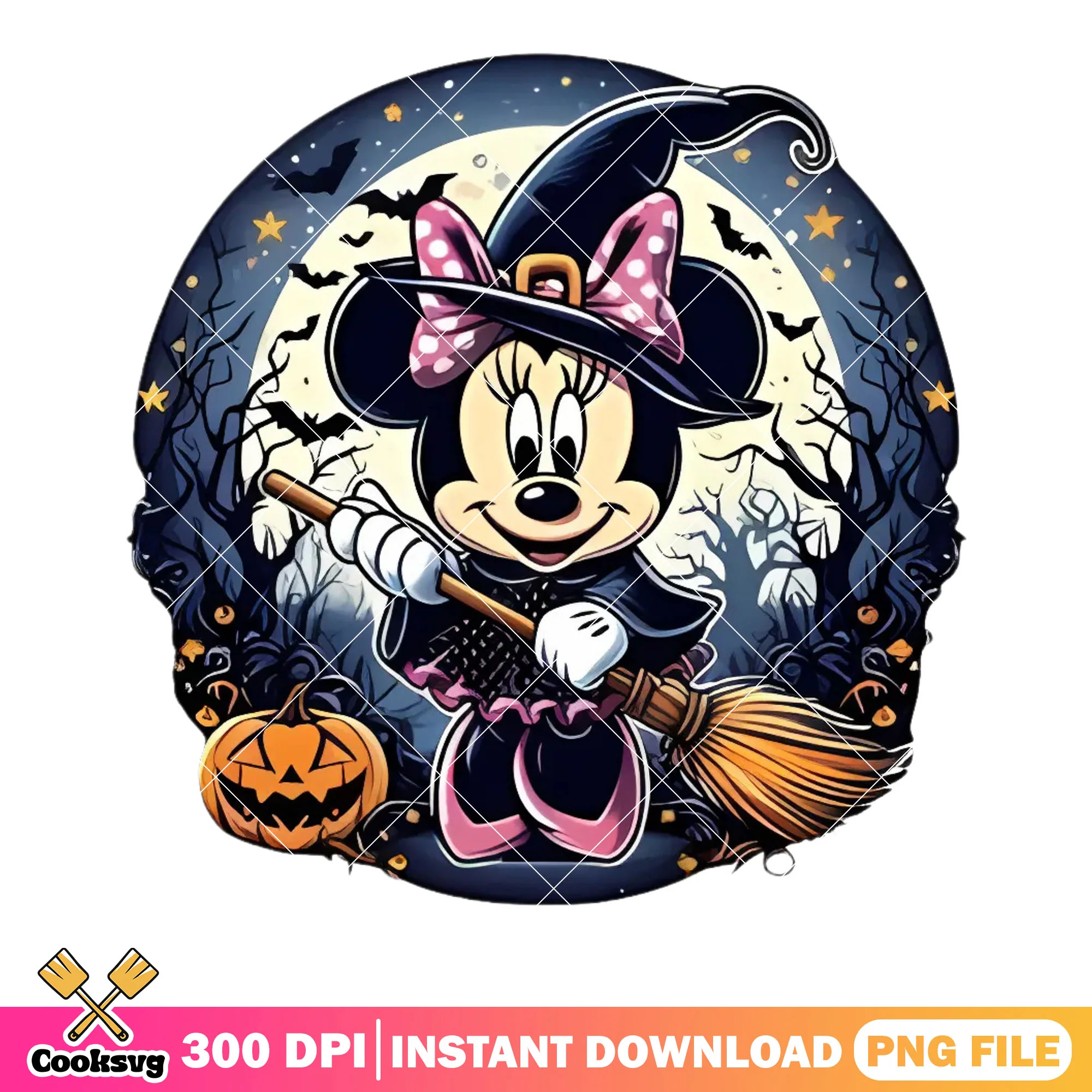 Horrific minnie the witch png, jack o lantern png, witch broom png