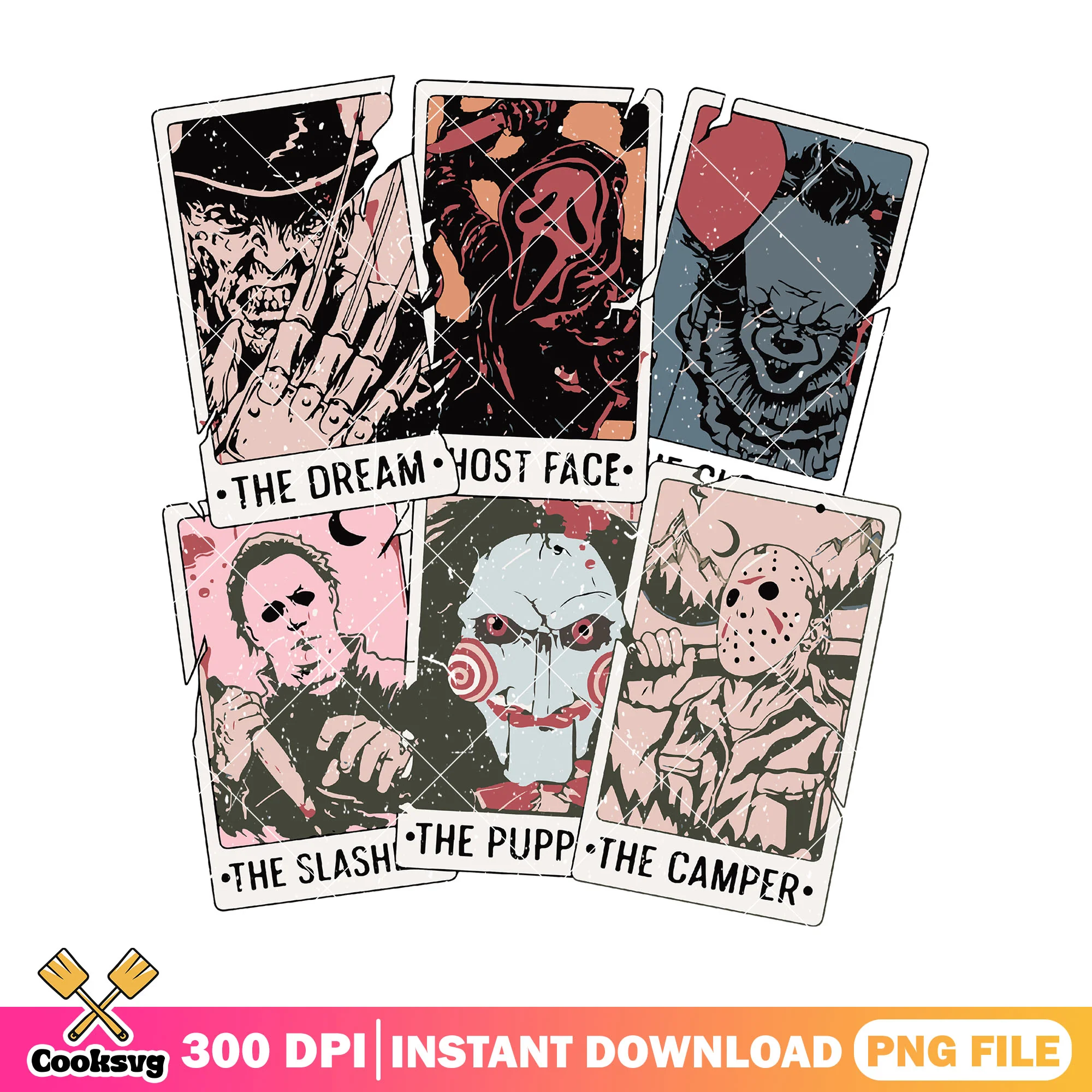 Horror casts halloween tarot card png, horror movie characters png