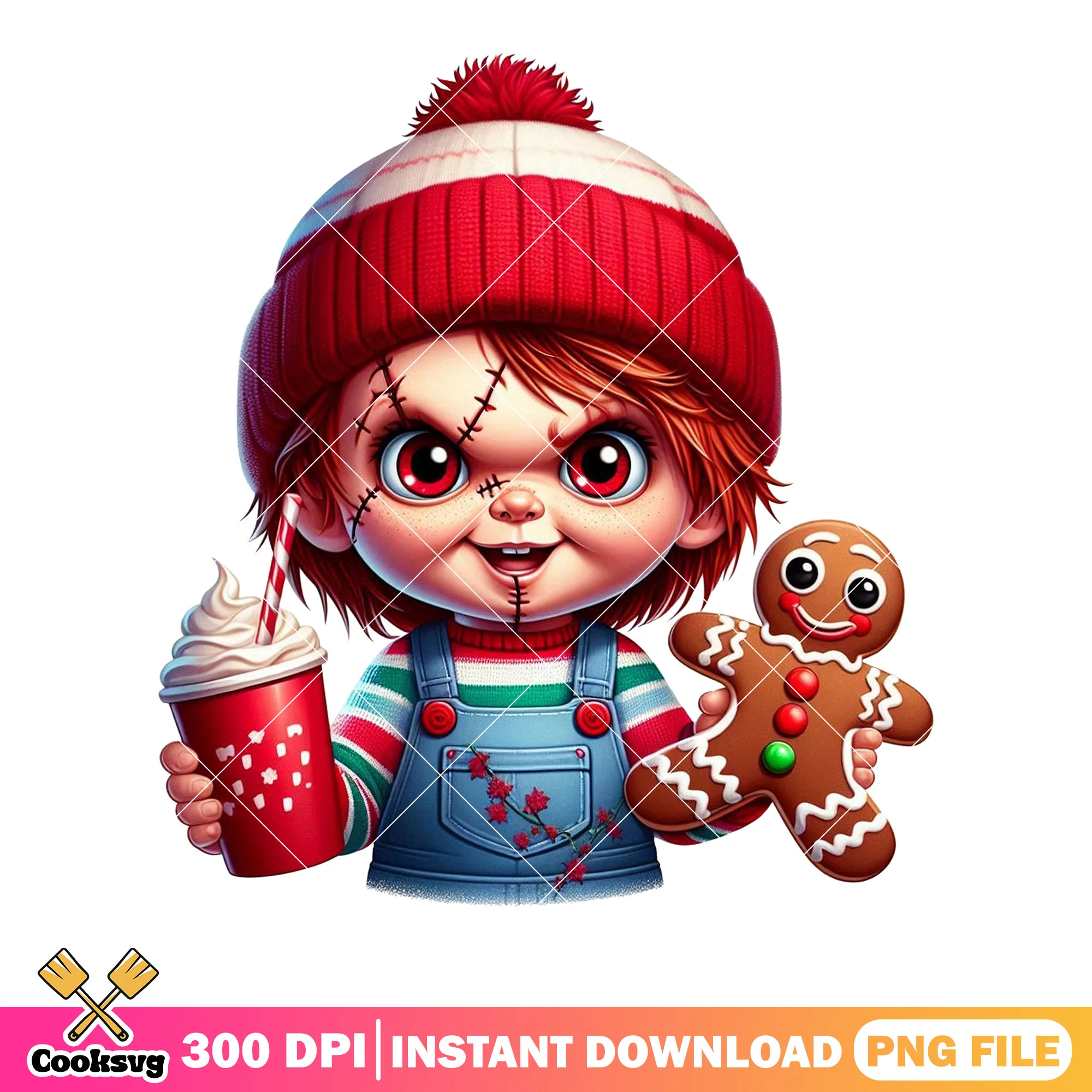 Horror character christmas png, chucky png, christmas coffee png