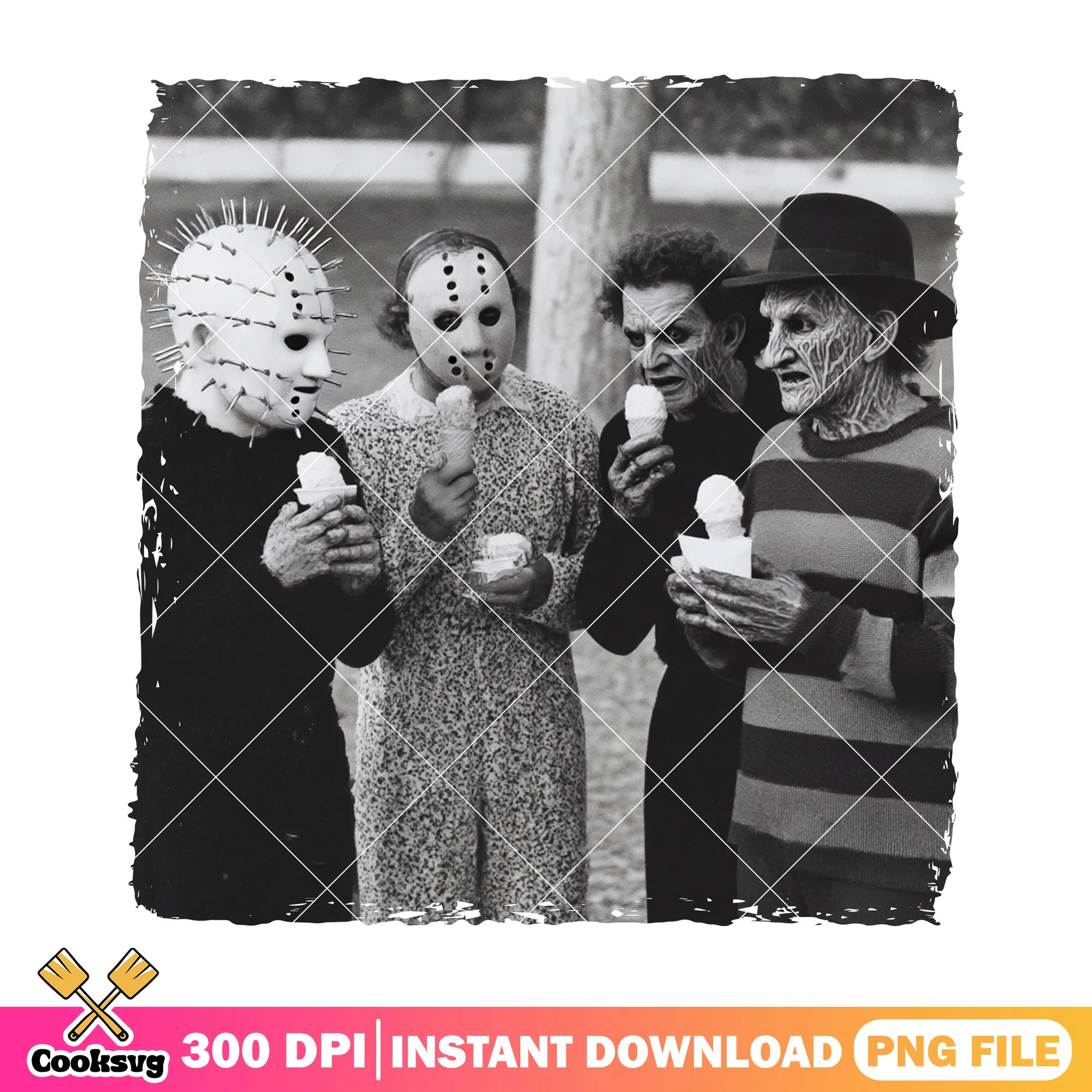 Horror characters eating ice cream png, halloween ice cream png