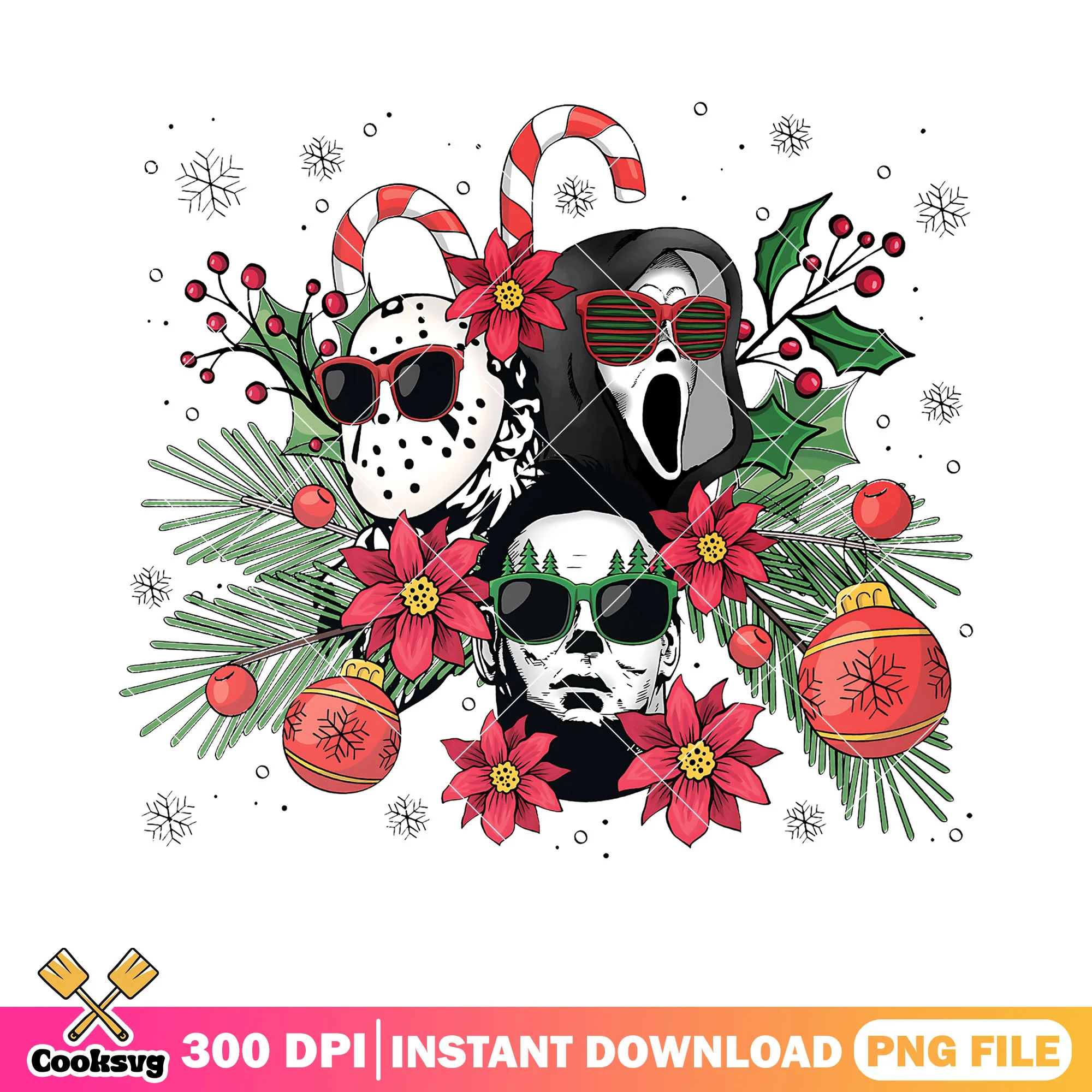 Horror movie villains png, christmas holiday party png, candy cane png