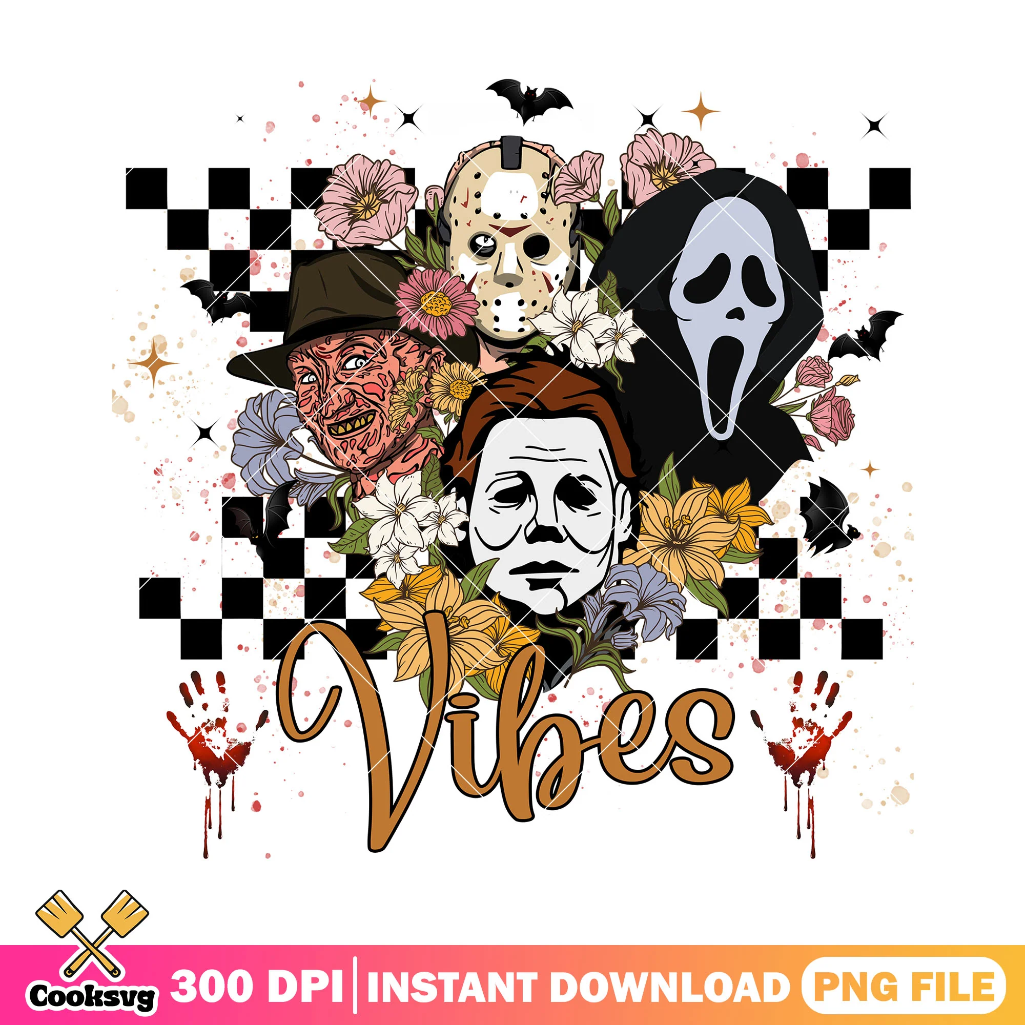 Horror vibes floral and horror characters design png, halloween vibbes png