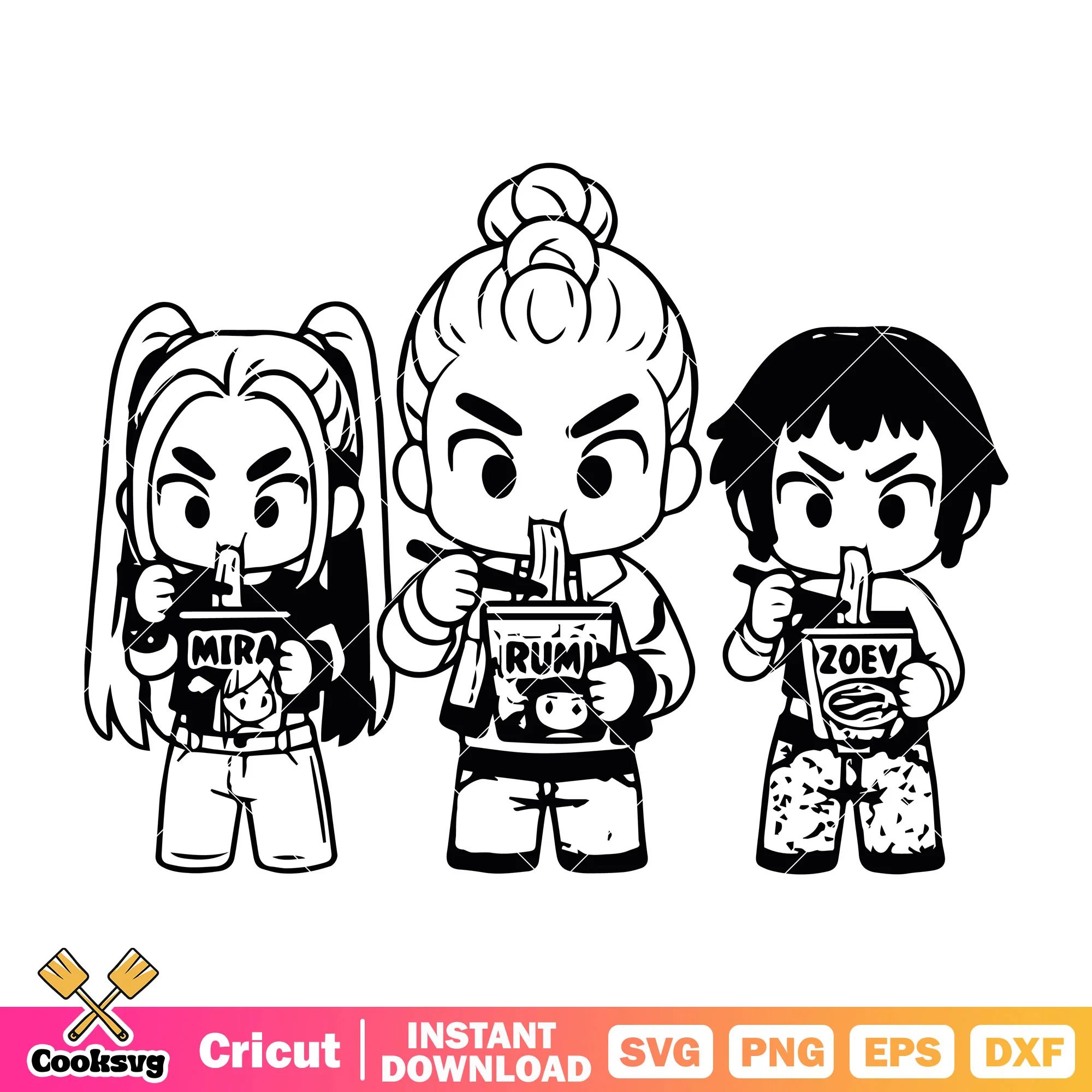 Huntrix chibi with ramen svg, huntrix ramyeon svg, huntrix chibi svg